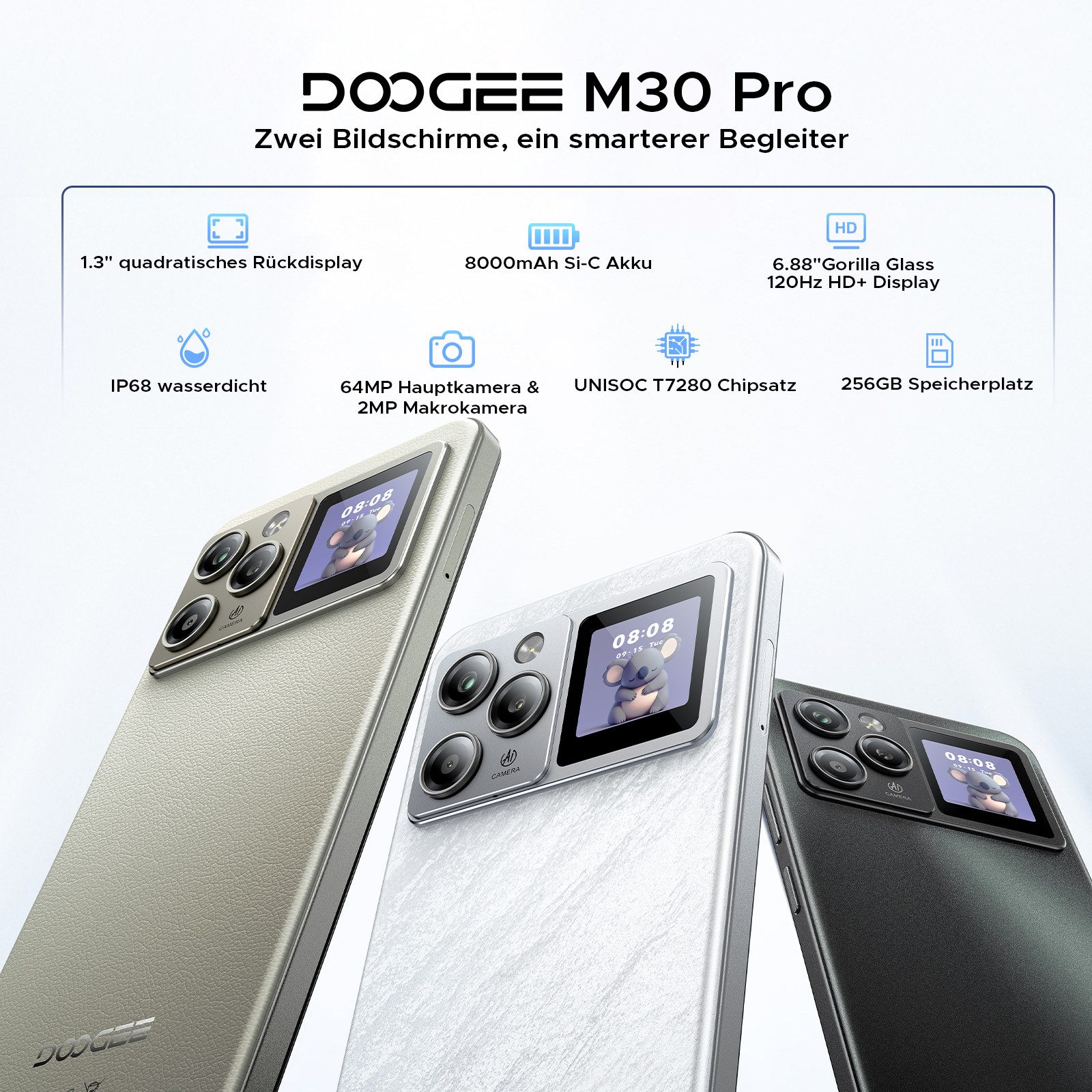 DOOGEE M30Pro Handy 8000mAh, IP68, 33W, 1.3" Zweitdisplay, 6.88", Android 16 Smartphone (6.88 Zoll, 256 GB Speicherplatz, 64 MP Kamera, 120Hz Display, 64+ 256GB, Unisoc T7280, NFC, Fingerabdruck & Face ID)