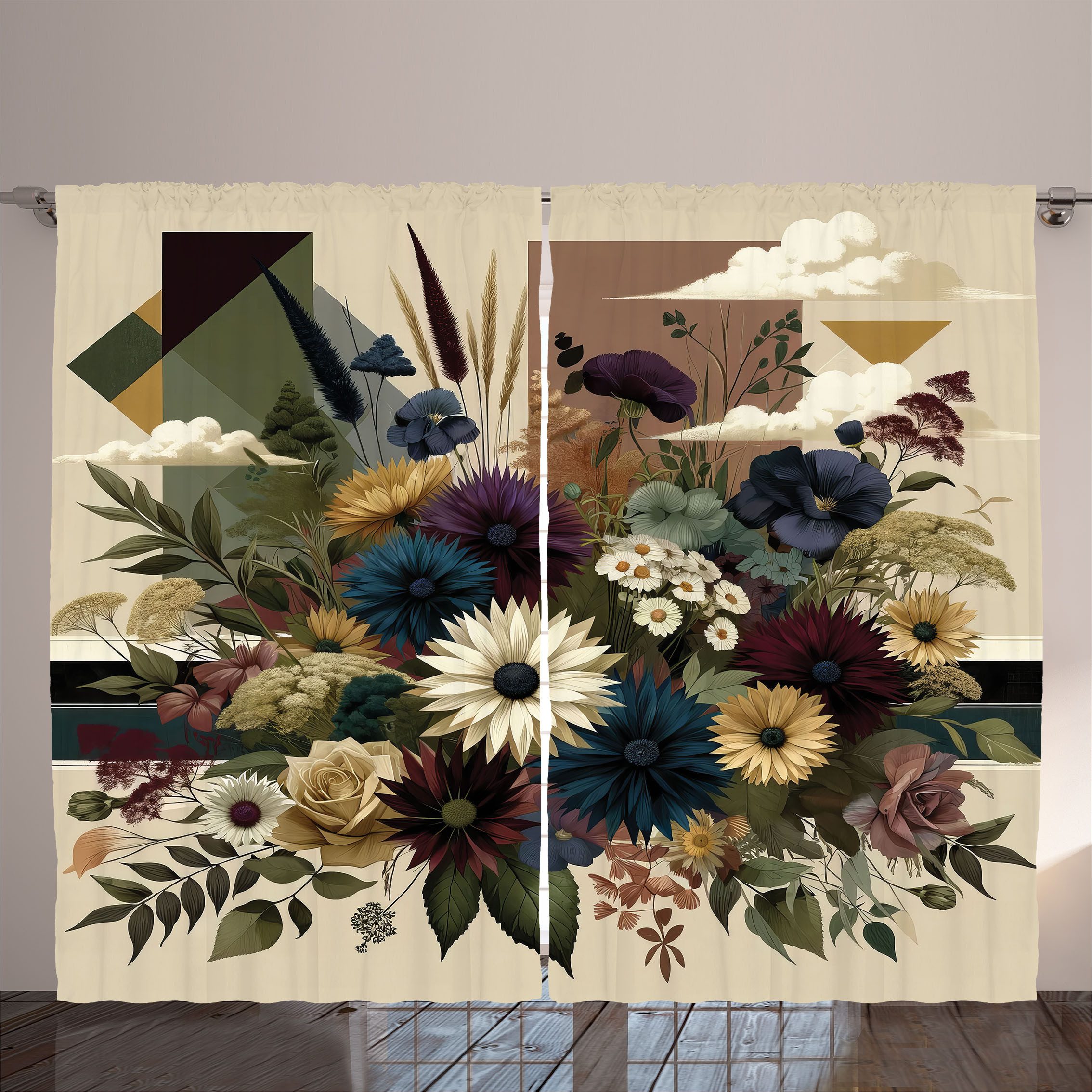 Gardine Schlafzimmer Kräuselband Vorhang mit Schlaufen und Haken, Abakuhaus, Blumiger Eukalyptus Rustikaler Wildblumenstrauß Kunst