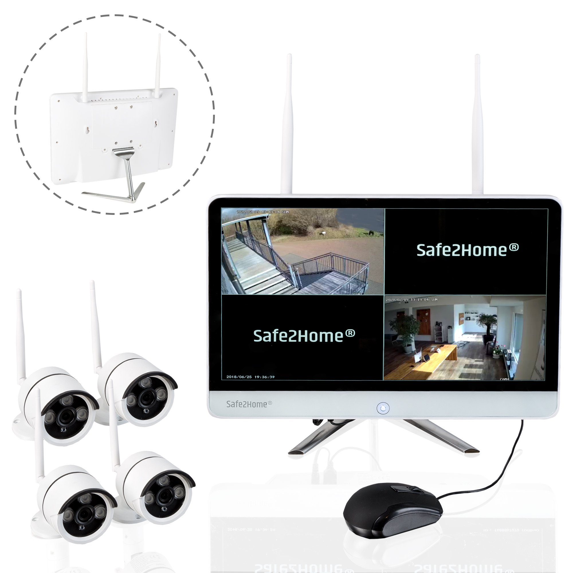 Safe2Home Überwachungskamera Kamera Set Monitor inkl Rekorder - innen außen - Funk Kameras (Innen und Außenbereich, 4x Funkkameras Safe2Home, Nachtsichtfunktion)