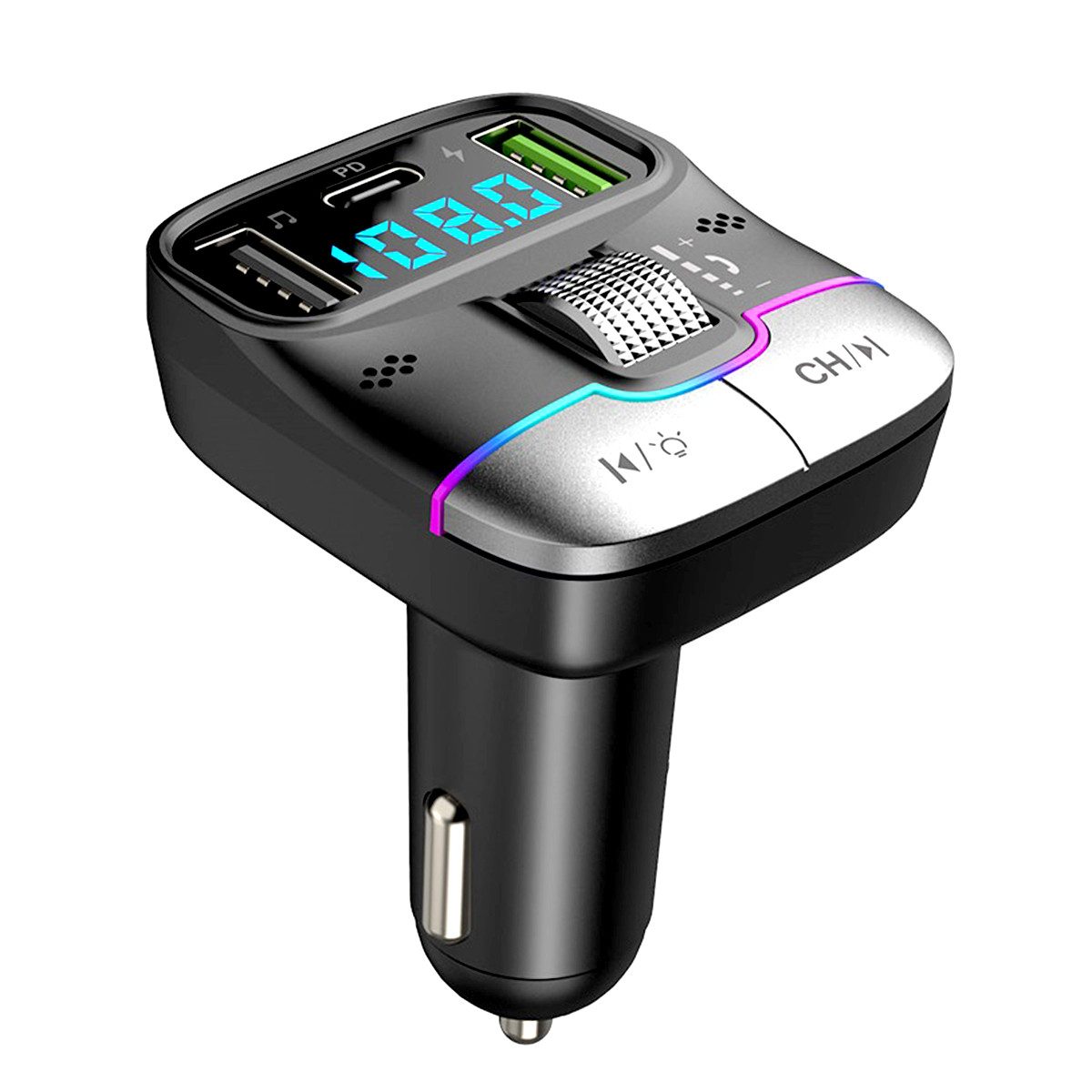 VSIUO FM Transmitter, Auto Adapter KFZ-Transmitter Bluetooth 5.0 zu USB-C, 3-in-1 MP3 Player mit 3 USB Anschlüsse, Freisprechfunktion