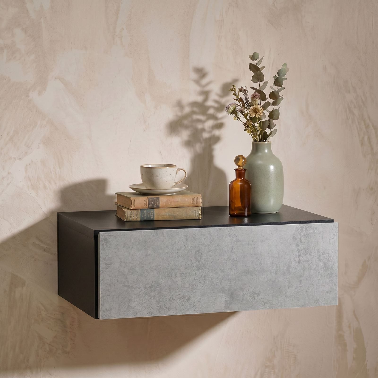 CARO-Möbel Nachtkommode ANNE, Hängender Nachttisch mit Schublade schwebendes Wandregal beton/schwarz