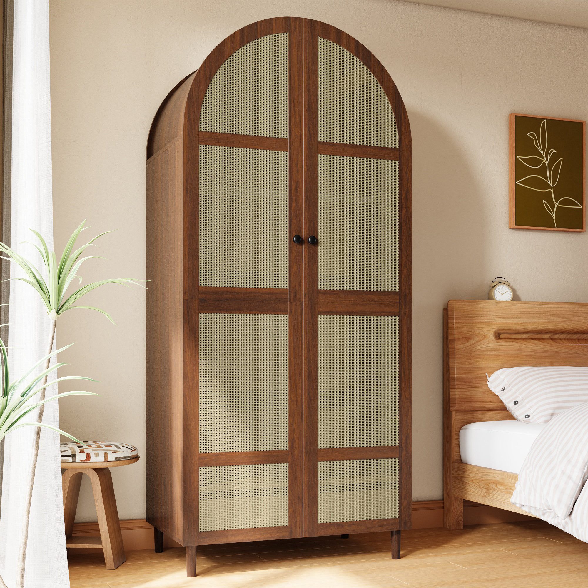 Odikalo Kleiderschrank Schlafzimmerschrank Schrank mit gebogenen Türen Stauraum (Moderner Kleiderschrank mit gebogenen Türen, Großzügiger Stauraum, Mit Kleiderstange und Schubladen Geeignet für Schlafzimmer und Eingangsbereiche)