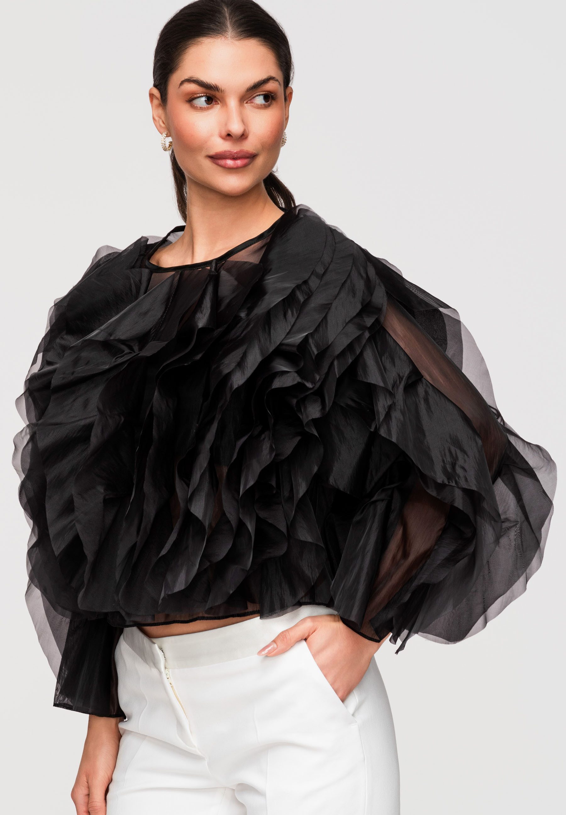 OMBRE Langarmbluse Damen Chiffon Bluse mit Volantärmeln Elegant Schwarz M/L (kein Set, 1-tlg) Mehrlagige Rüschen