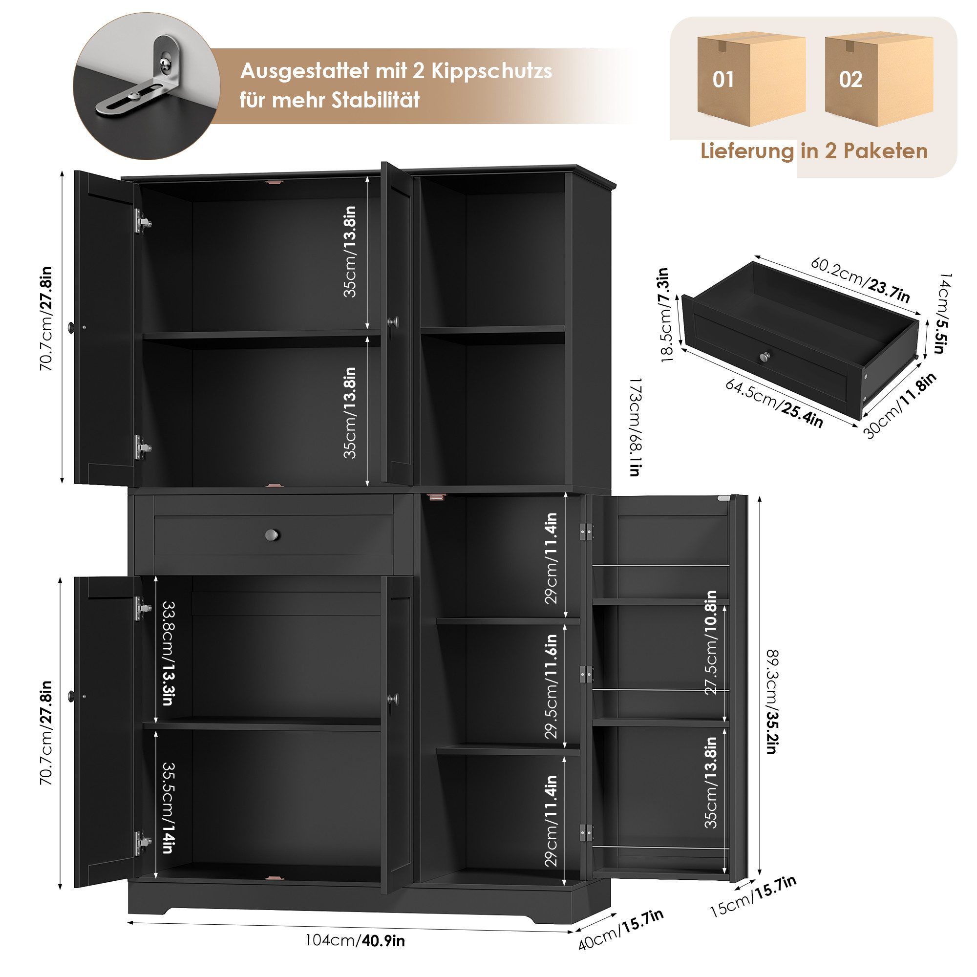 Homfa Mehrzweckschrank Küchenschrank mit Gewürzregal Buffetschrank Vorratsschrank mit 5 Türen und 1 Schublade 173x104x40cm
