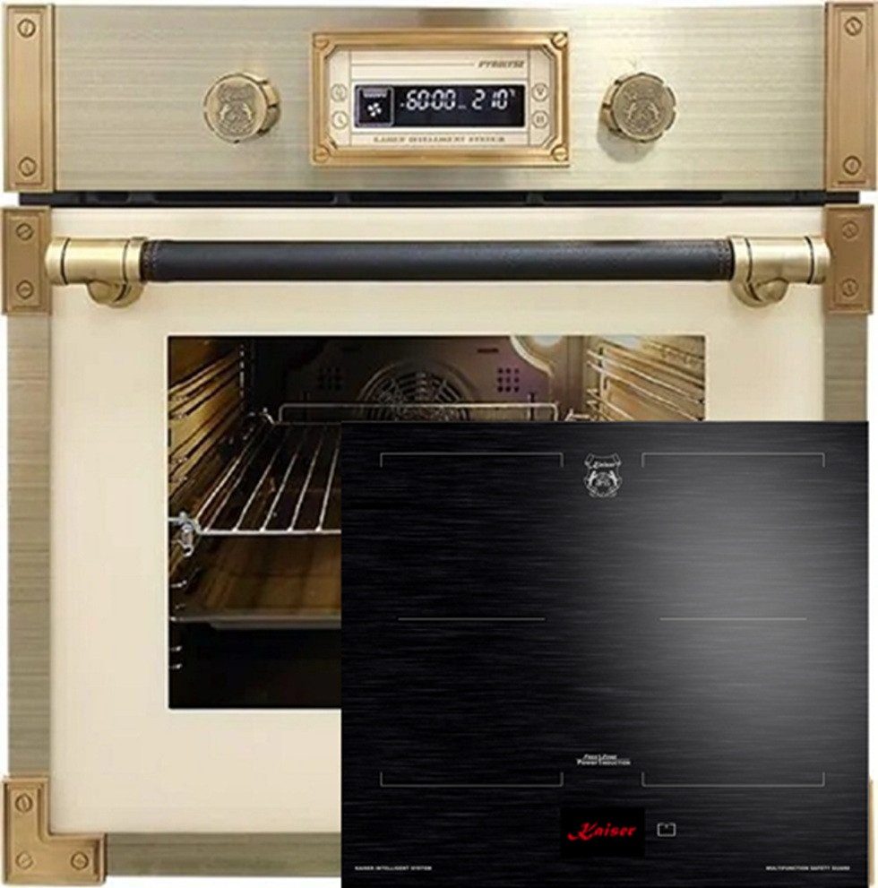 Kaiser Küchengeräte Backofen-Set Herd Set Autark Retro Pyrolyse Einbau Backofen 73L Elfebeinfarbiges Glas 60 cm+Induktionskochfeld 60 cm EH 6427 ElfAD+KCT 6140 FI, mit 1-fach-Teleskopauszug