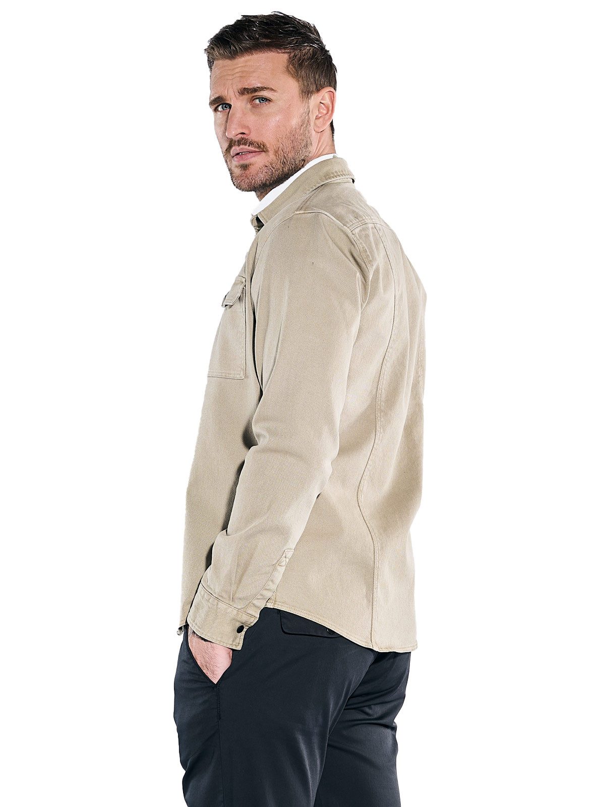 emilio adani Langarmhemd Herren Overshirt in Twill-Warenqualität, Sand günstig online kaufen