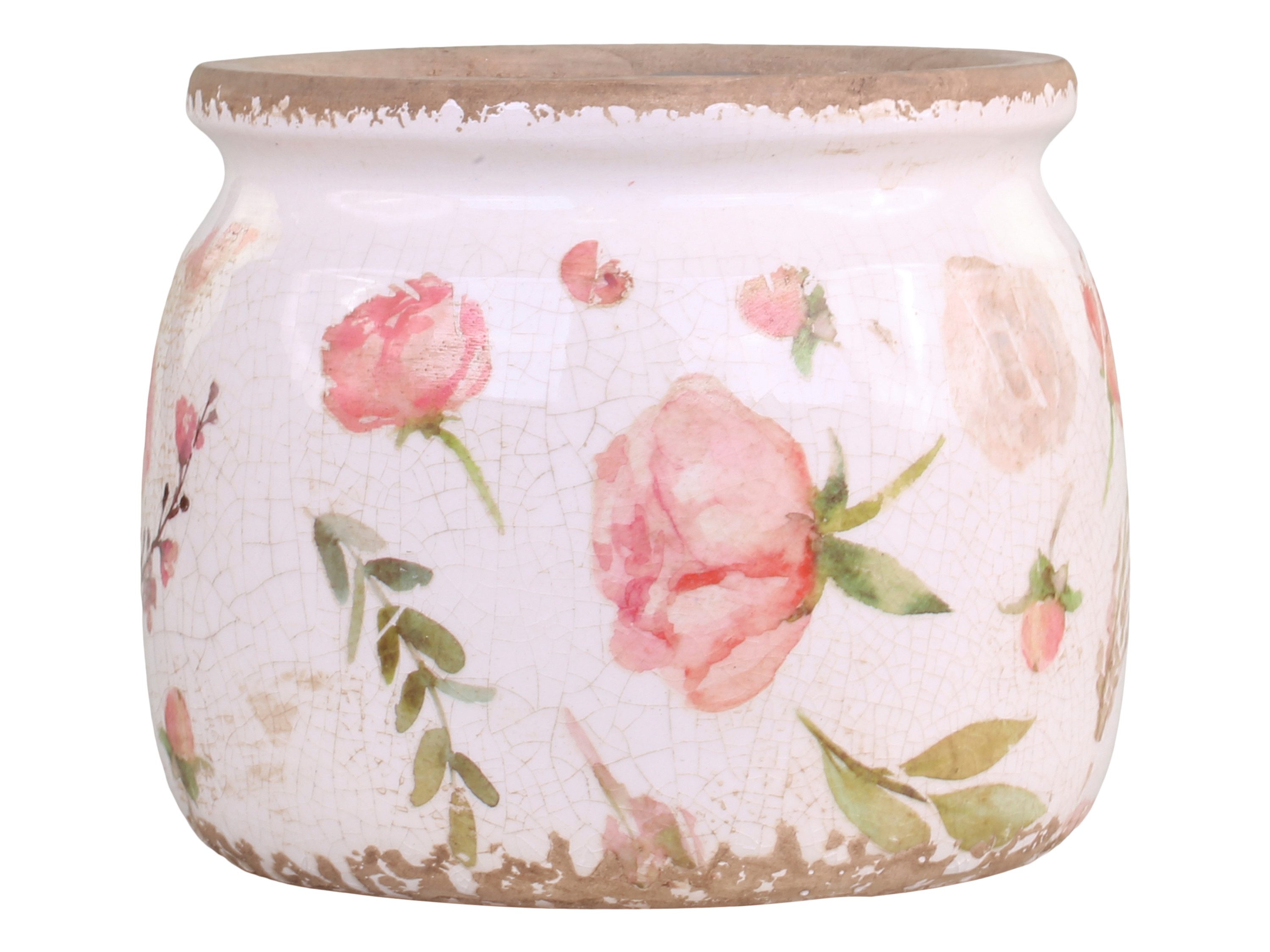 Chic Antique Blumentopf Étel Pflanztopf und Flasche Vase Keramik glasiert florales Muster Rosa, Wunderschönes Étel Muster