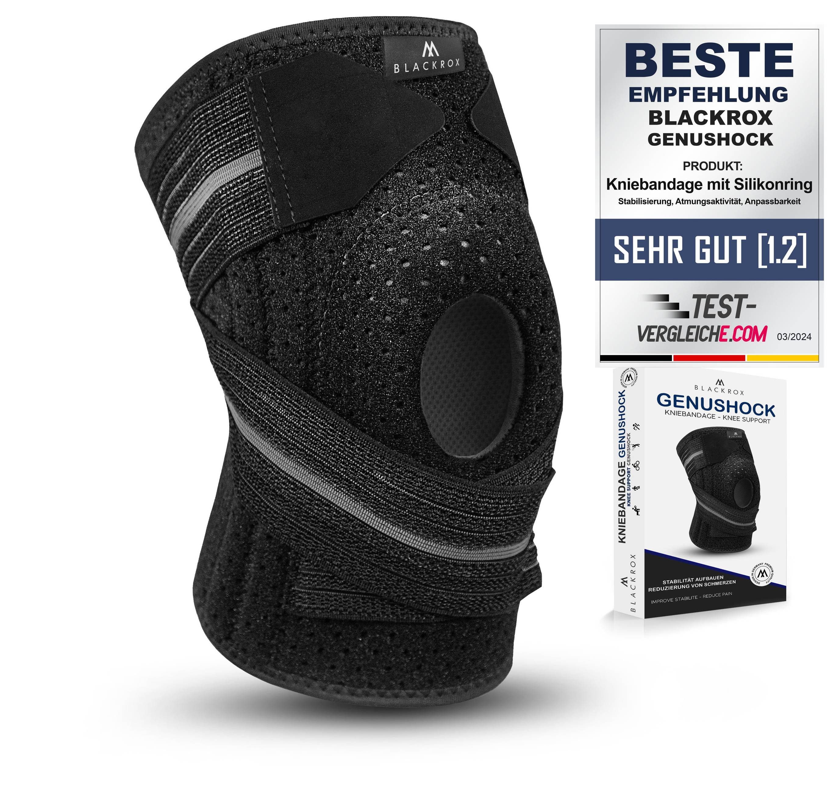 BLACKROX Kniebandage mit Silikonring [Vergleichssieger 2024] GENUSHOCK, Damen & Herren