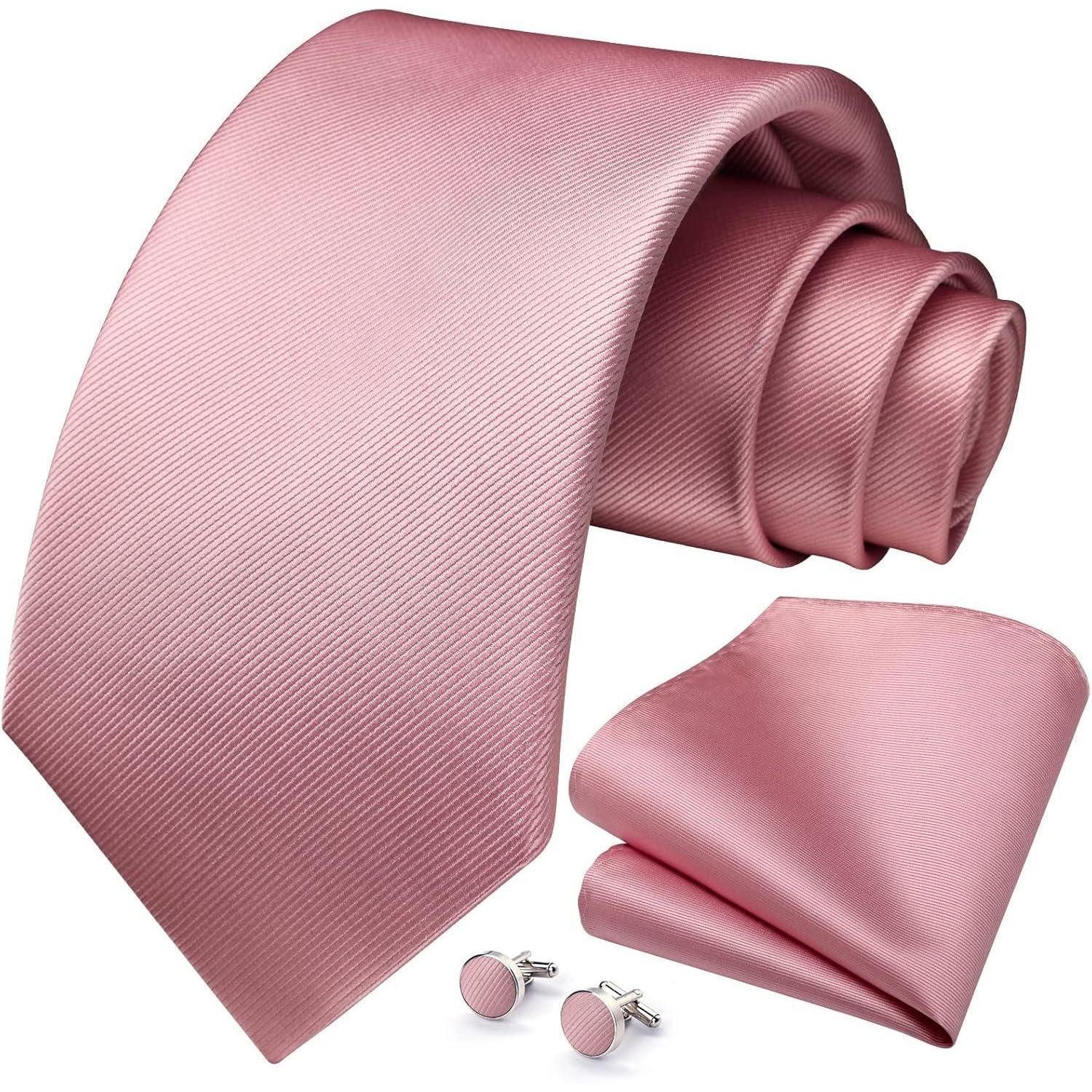 LuxusKollektion Krawatte Krawatte Herren Hochzeit Einstecktuch Manschettenknöpfe Rosa (1-St)
