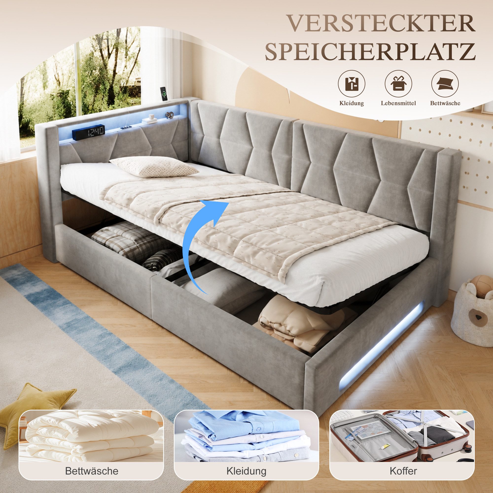 TavilaEcon Polsterbett Samtbett mit LED-Beleuchtung an Kopf- und Fußteil, USB & Type-C (1-tlg), mit Lattenrost, ohne Matratze, 90×200cm, grau – Bild 4 von 5
