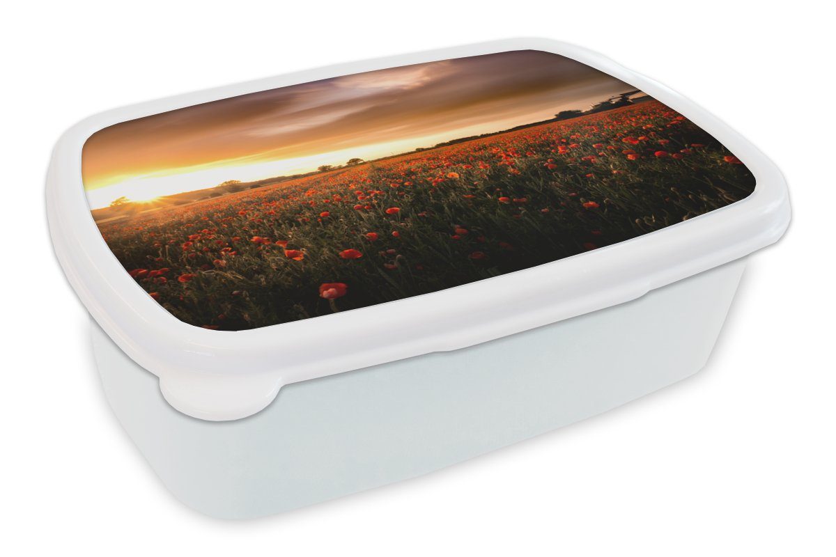 MuchoWow Lunchbox Sonnenuntergang über den Mohnblumen in England, Kunststoff, (2-tlg), Brotbox für Kinder und Erwachsene, Brotdose, für Jungs und Mädchen weiß