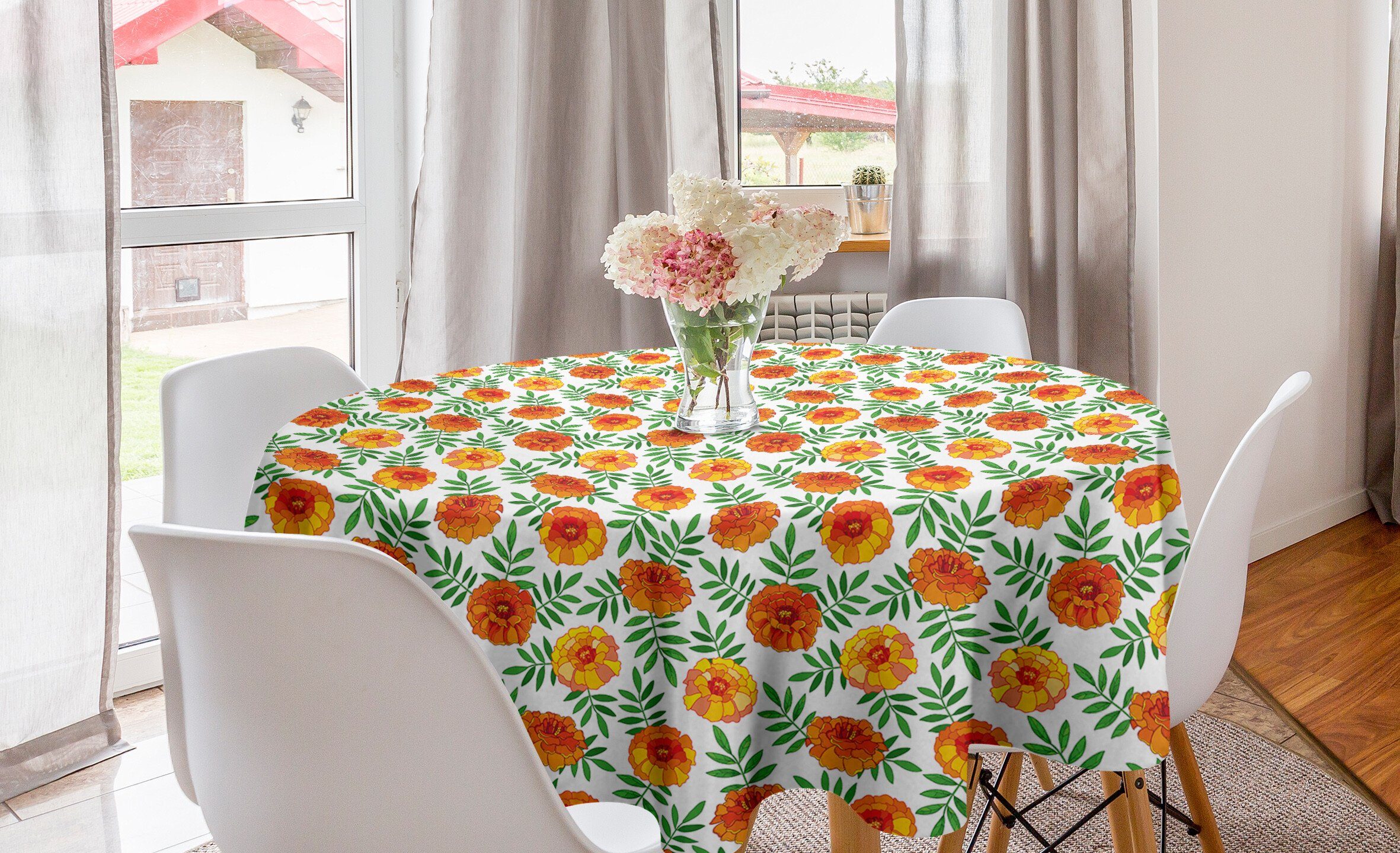 Abakuhaus Tischdecke Kreis Tischdecke Abdeckung für Esszimmer Küche Dekoration, Blumen Ringelblumen mit Blättern