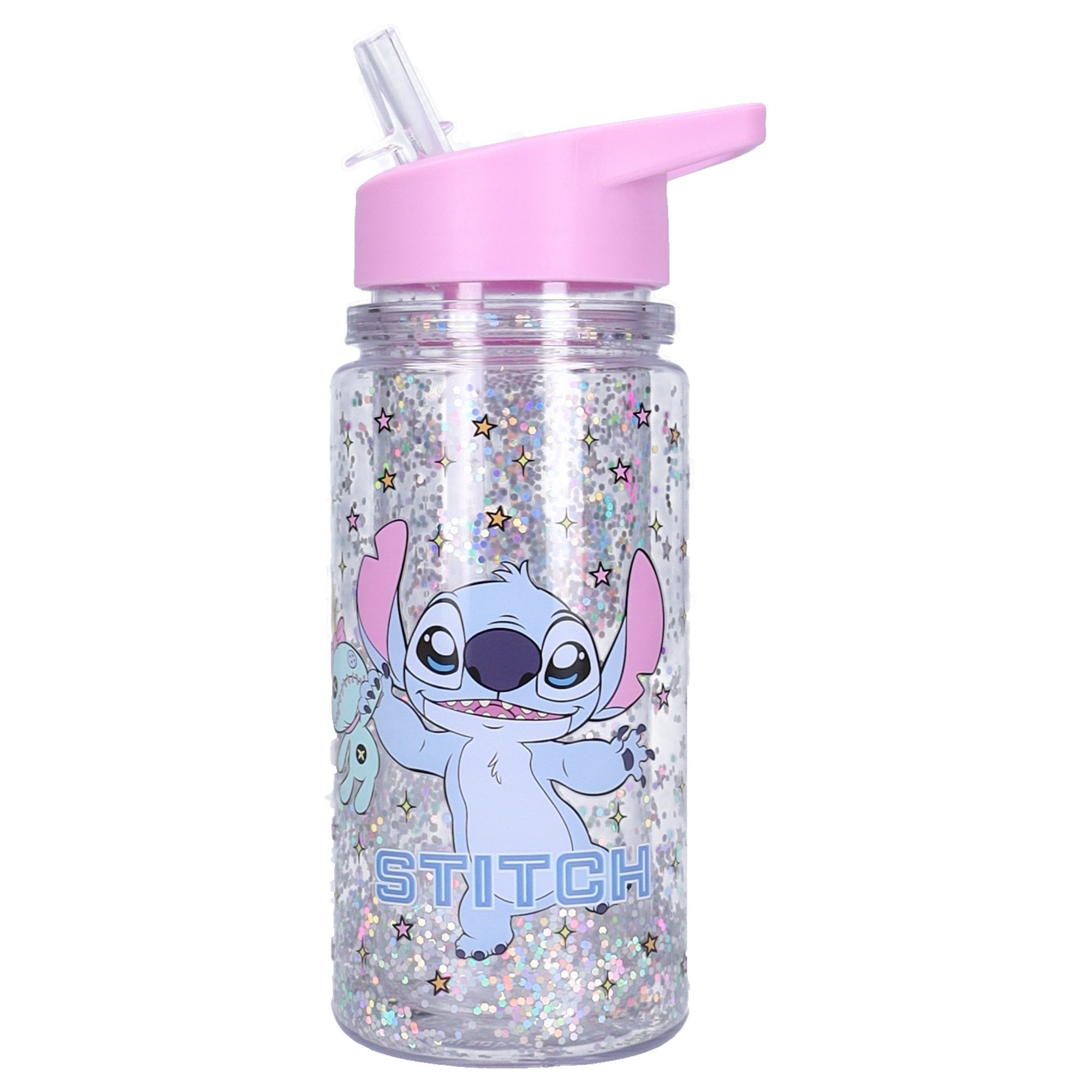 Lilo & Stitch Trinkflasche Kinder 300 ml mit Strohhalm Glitzer Flasche und Griff