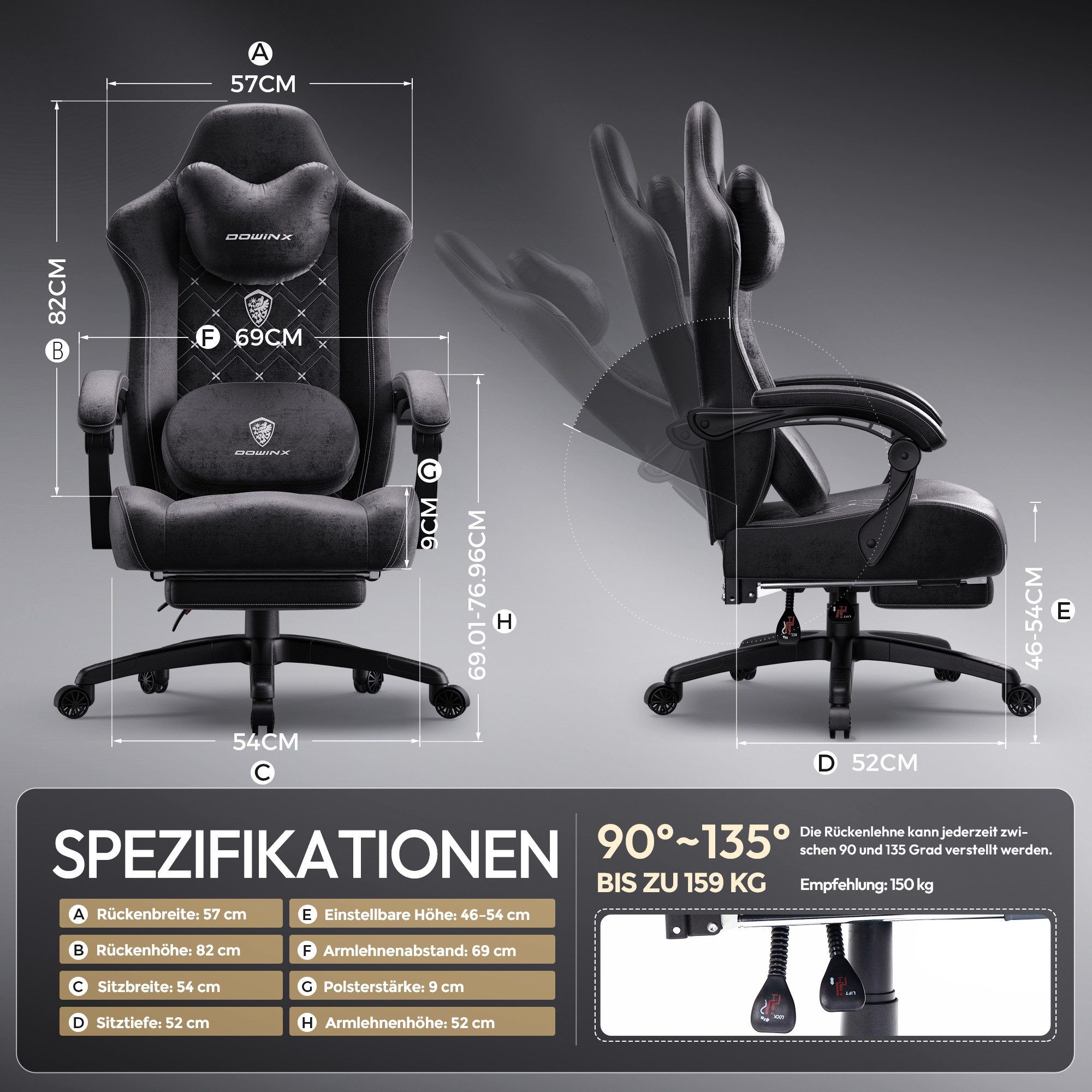 Dowinx Gaming-Stuhl Bürostuhl mit Beheizter Massage Lendenwirbelstütze (Packung), Gamer Stuhl Stoff mit Tasche Frühling Kissen und Fußstütze – Bild 2 von 5