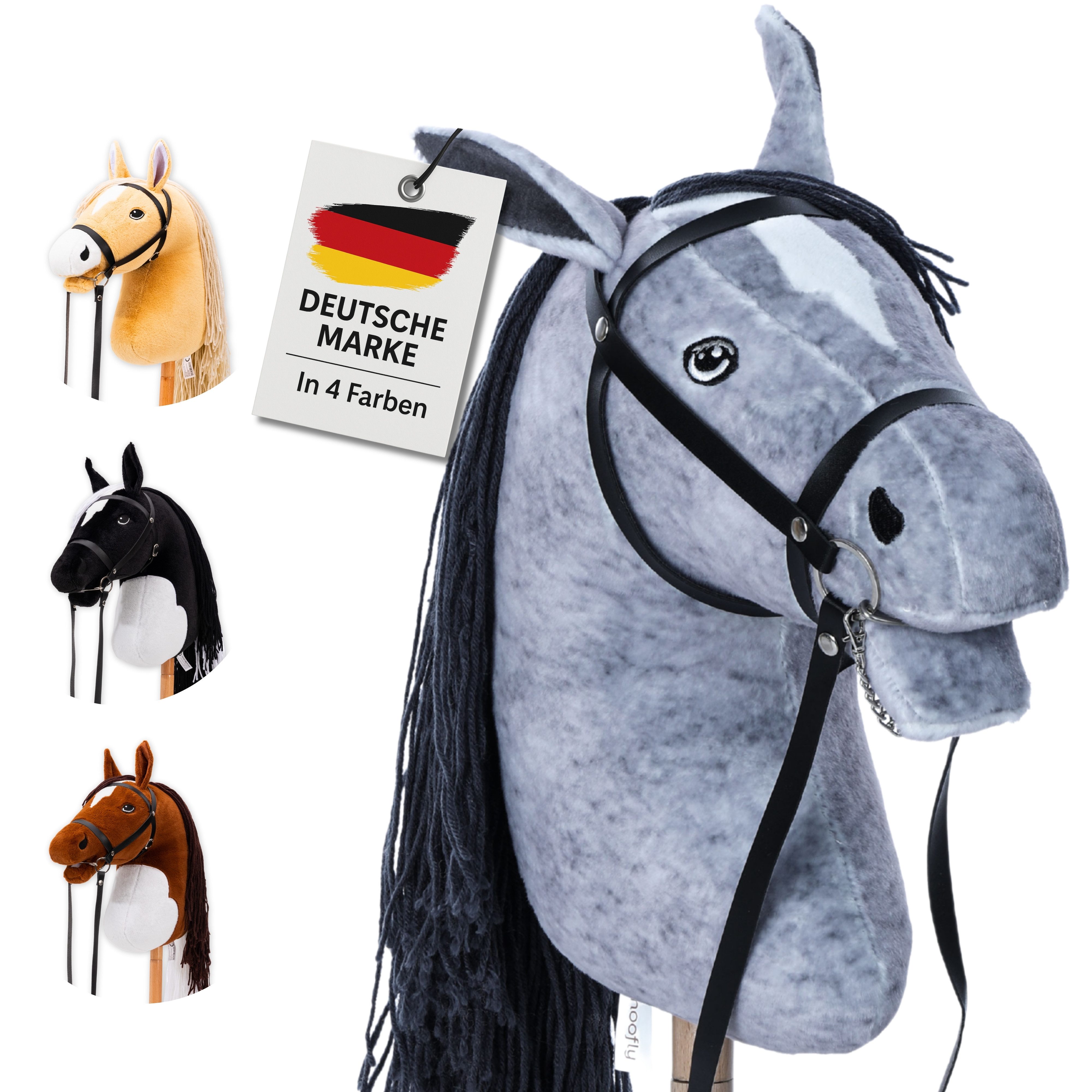 Hoofly Steckenpferd Hoofly® Hobby Horse Pferde Set mit Trense und Schraubstab in 4 Designs, (mit Trense & Schraubstab, hobby horsing, Stockpferd), Abschraubbarer Stab