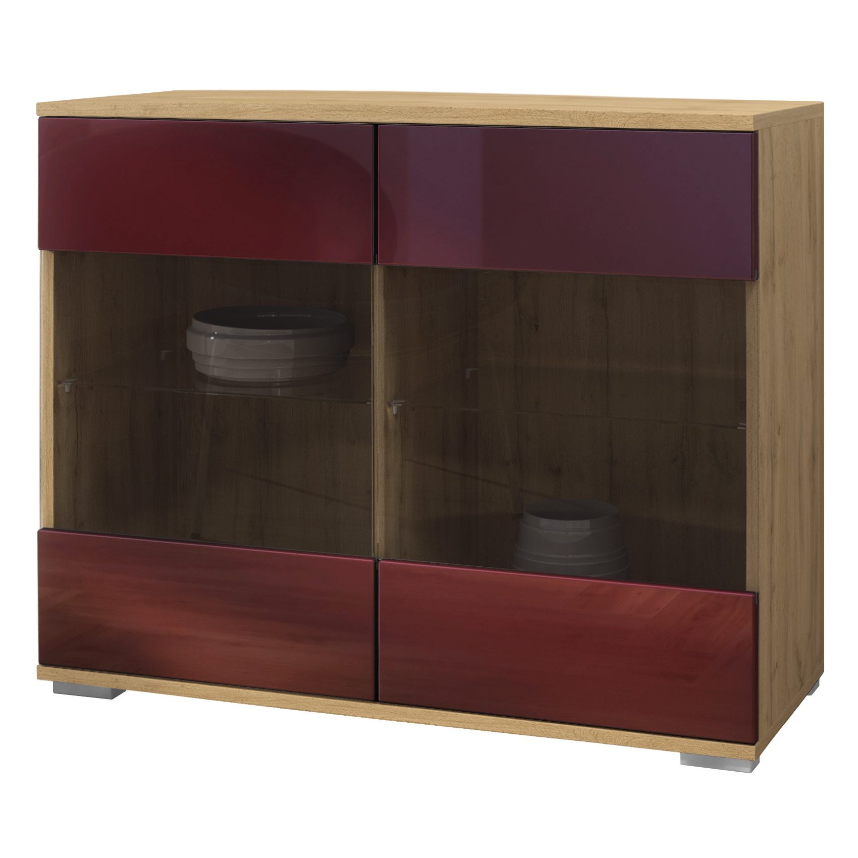 Vladon Kommode Bari V3 (Moderner Küchenschrank, mit 2 großen Glastüren), Eiche Evoke / Bordeaux Hochglanz (92,5 x 75.5 x 35)
