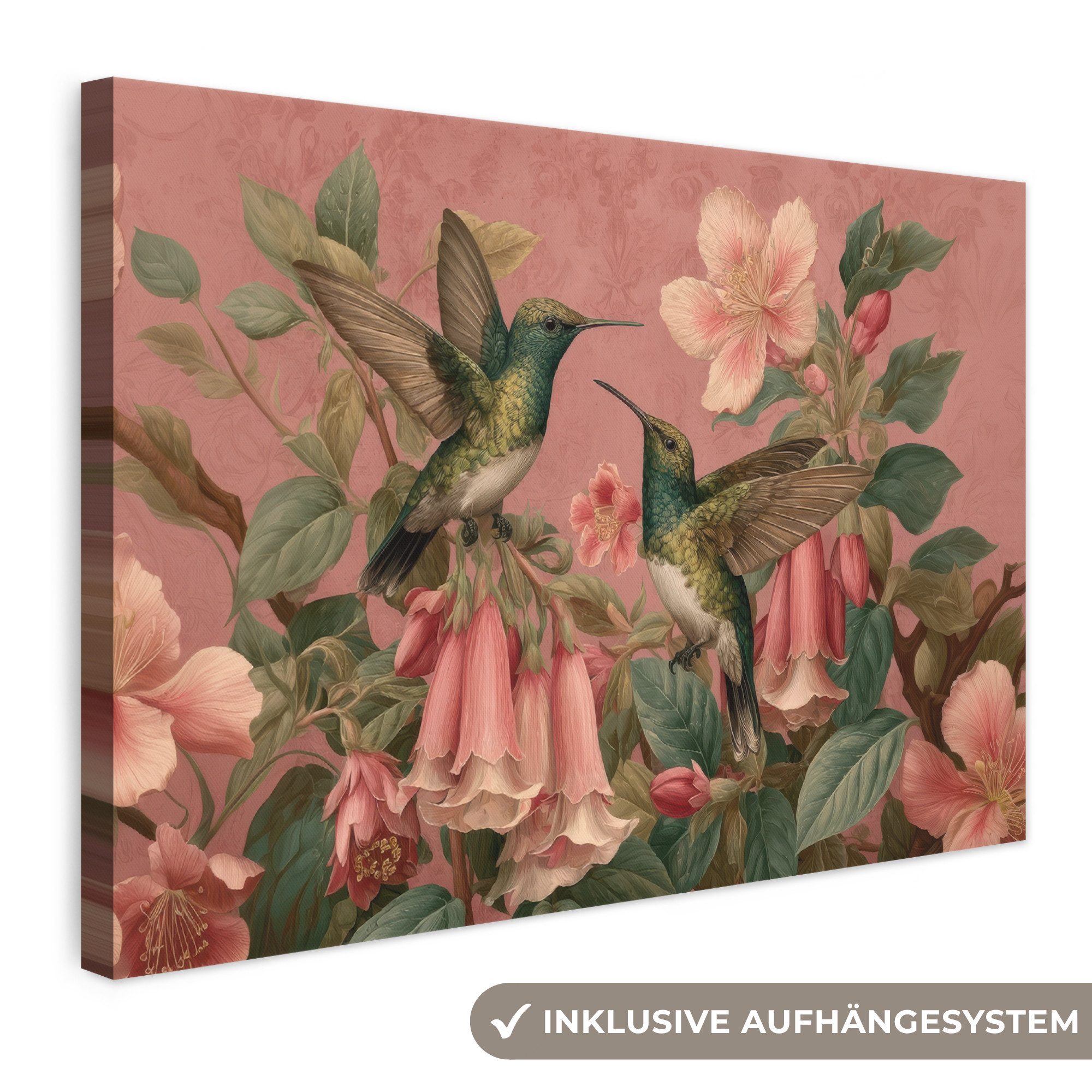 OneMillionCanvasses® Leinwandbild Kolibris - Blumen - Grün - Rosa, Fotodruck (1 St), Leinwand Bilder Klein, Wand Dekoration Aesthetic 30x20 cm