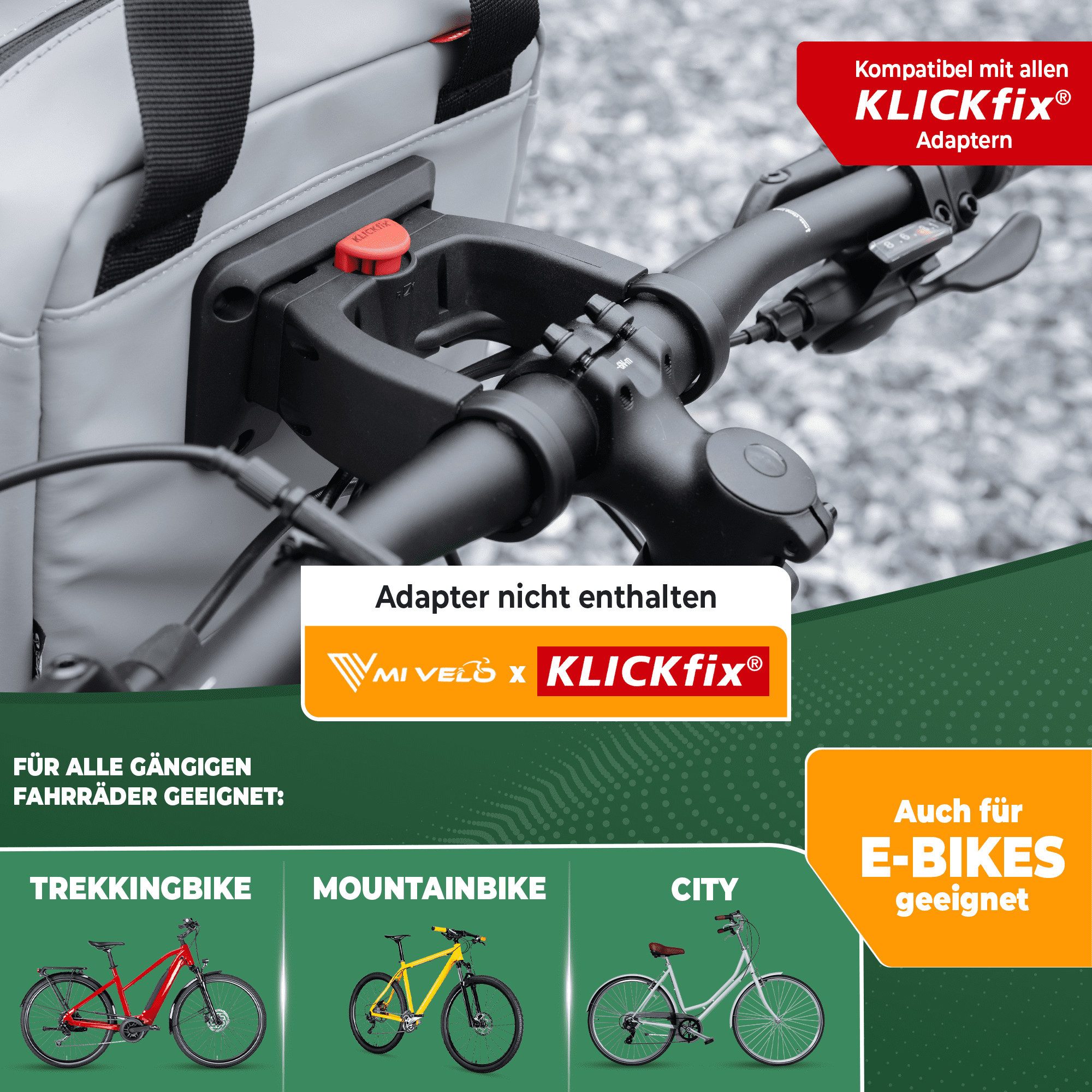 MIVELO Lenkertasche Fahrradtasche Lenker für KLICKfix, Fahrrad Tasche inkl. Regenschutz, KLICKfix kompatibel