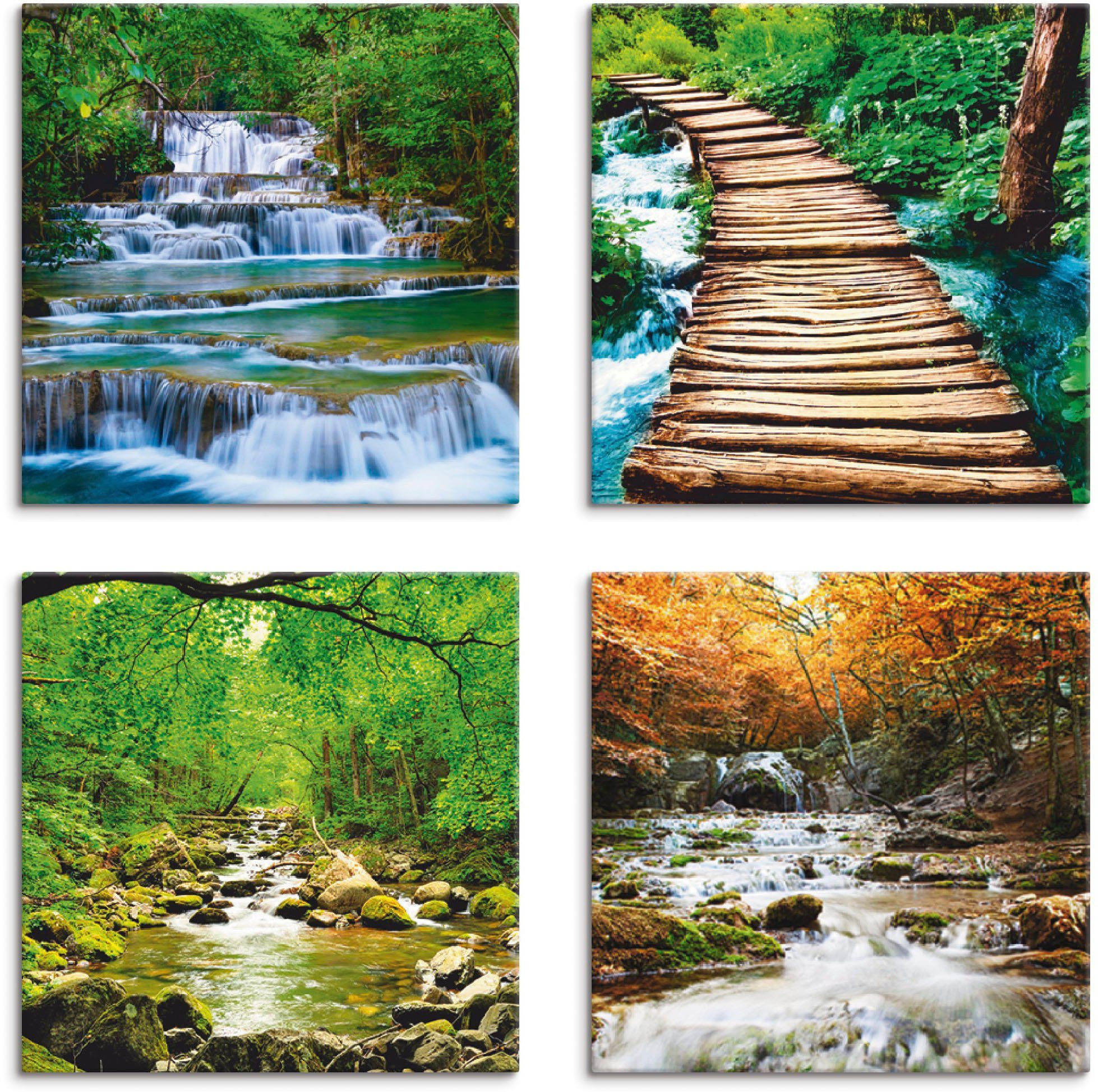 4er Leinwandbild Größen Herbstwald Wasserfall verschiedene (4 St), Artland Set, Smolny, Fluß Gewässer