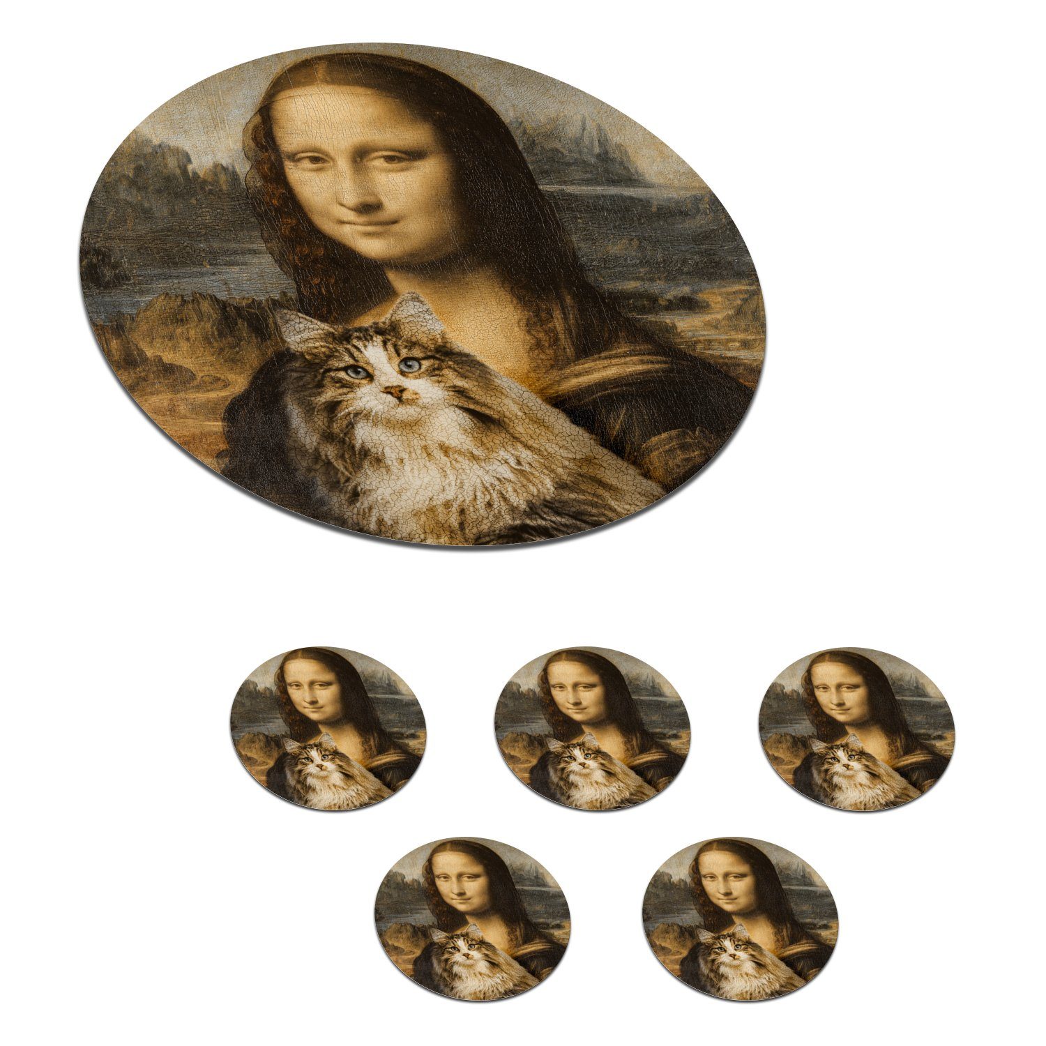 MuchoWow Glasuntersetzer Mona Lisa - Katze - Leonardo da Vinci - Vintage - Kunstwerk - Alte Mei, Zubehör für Gläser, 6-tlg., Getränkeuntersetzer, Rund, Tassenuntersetzer Kork, 10x10 cm
