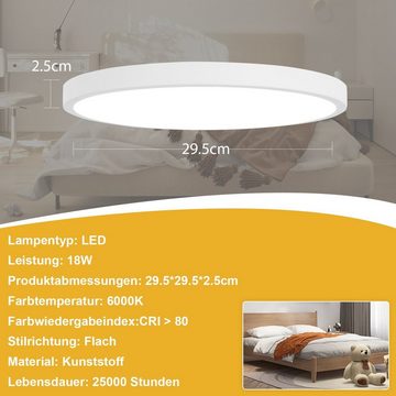 ZMH LED Deckenleuchte Schlafzimmer - Schlafzimmerlampe Flach Badezimmerlampe 6000K, LED fest integriert, 6000k, 18W Badezimmer Deckenbeleuchtung IP44 Badlampe Rund