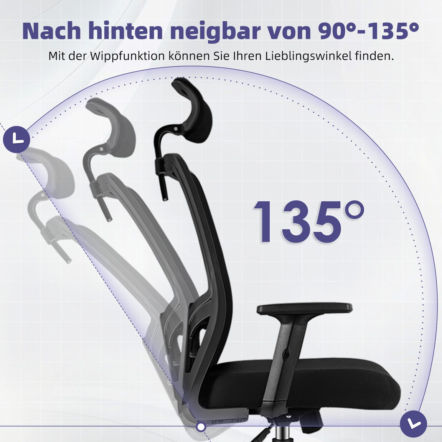 Adormii Bürostuhl Bürostuhl mit Gerauschlose Gummirollen,Ergonomischer Bürostuhl (Drehstuhl 360° mit Verstellbarer Kopfstütze, verstellbarer Lendenwirbelstütze  – Bild 4 von 5