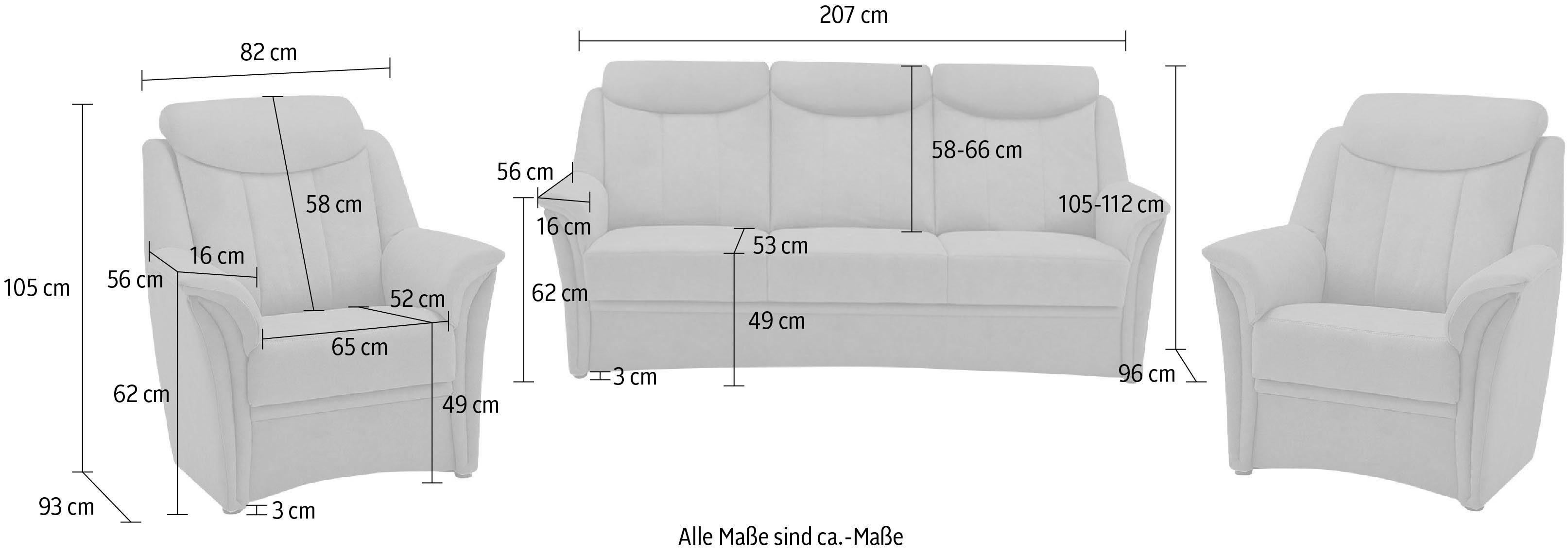 3-tlg), Sitzhöhe 2x in und Polstergarnitur cm, Sessel (Set, BECK 46 3-Sitzer VILLA Lugano, Kopfteilverstellung,