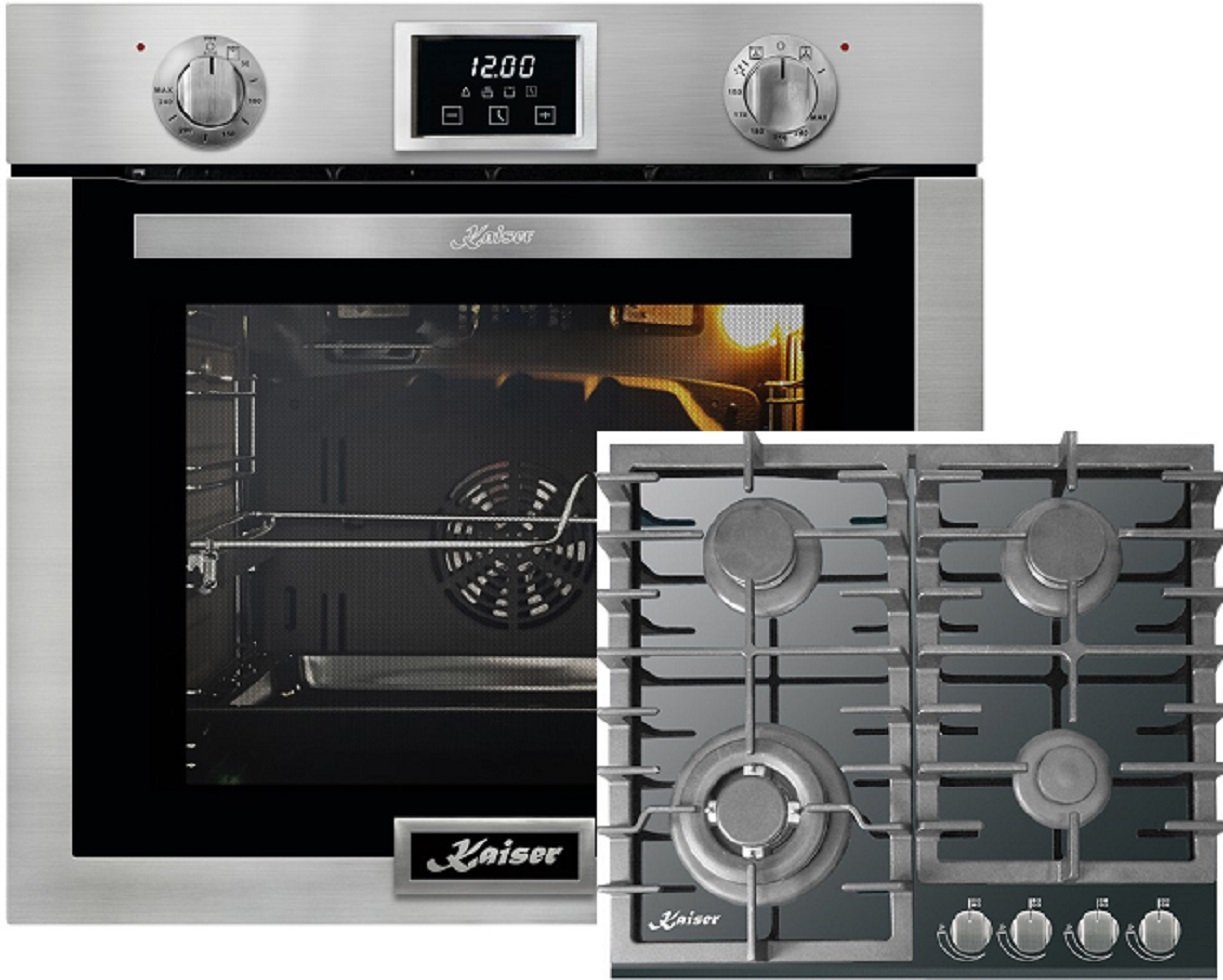 Kaiser Küchengeräte Backofen-Set Drehspieß, Selbstreinigung, Erdgas Propangas EG 6372 + KCG 6383/Herd Set Gasbackofen mit Gaskochfeld Erdgas Fl.Gas, mit 1-fach-Teleskopauszug, Einbau Gasbackofen Autark, 79L+GASKOCHFELD