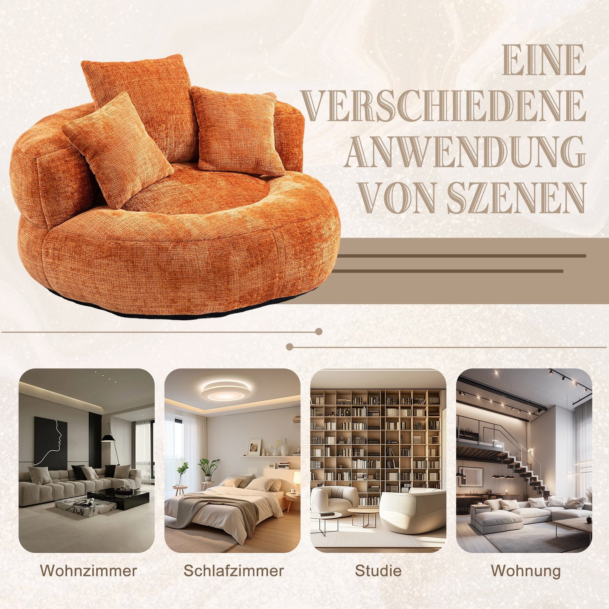 LVHOM Sitzsack 108x108x52cm Chenille Premium Sofa mit 3 extra Kopfkissen (Kuschelig & Atmungsaktiv, Einzelsitzer-Lounge, komplett komprimiert geliefert. Perfekt für Ruhe, Lesen, Gaming & Nickerchen. Ideal für Wohnzimmer, Schlafzimmer, Spielzimmer & Office, Belastbar bis 150kg. Nettogew. 20,5kg), Memory Foam Split, Selbstaufrichtung <3 Tage, Maximaler Liegekomfort