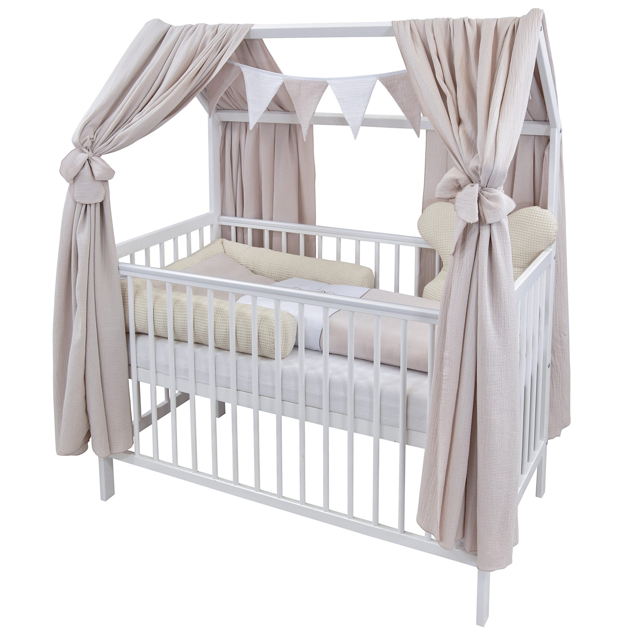Baby-Delux Komplettbett Hausbett Babybett Komplettset Waffelpique Musselin, günstig online kaufen