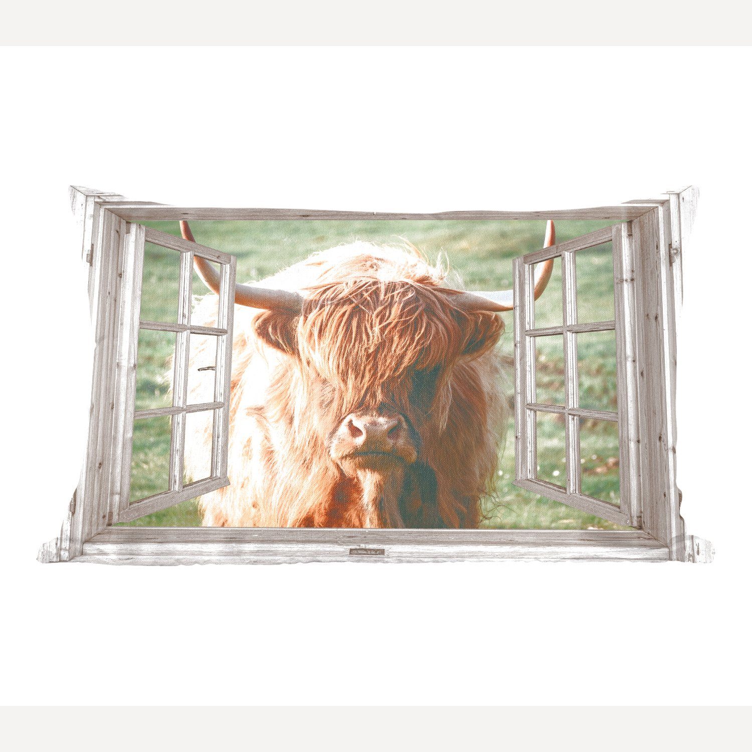 MuchoWow Dekokissen Schottischer Highlander - Ansicht - Fenster - Tier, Wohzimmer Dekoration, Zierkissen, Dekokissen mit Füllung, Schlafzimmer