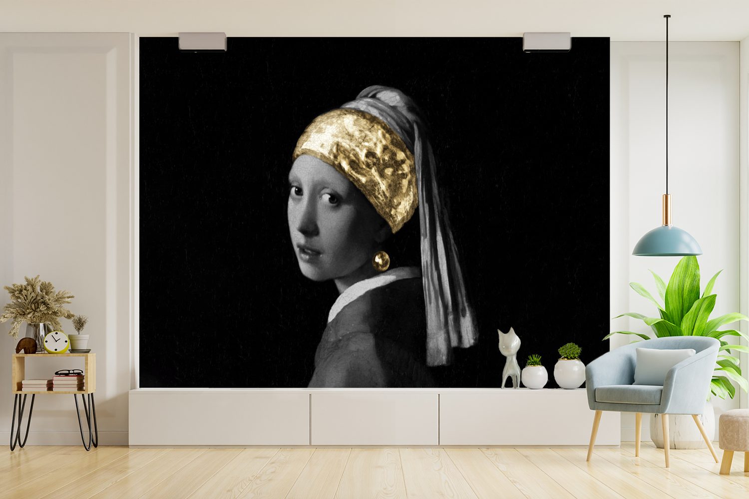 MuchoWow Fototapete Mädchen mit Perlenohrring Stirnband für Schlafzimmer, Kinderzimmer, Tapete Vinyl Gold, Wohnzimmer, Vermeer Matt, - - (6 bedruckt, - St), Wallpaper
