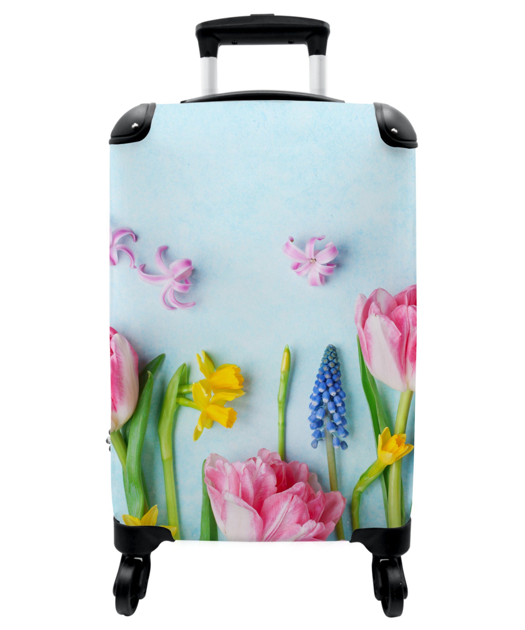 NoBoringSuitcases.com© Handgepäckkoffer 55x35x20cm Blumen - Frühling - Blau - Rosa - Stilleben, 4 Rollen, Handgepäck Trolley Rollkoffer Kleine Reisekoffer mit 4 Rollen - Cabin