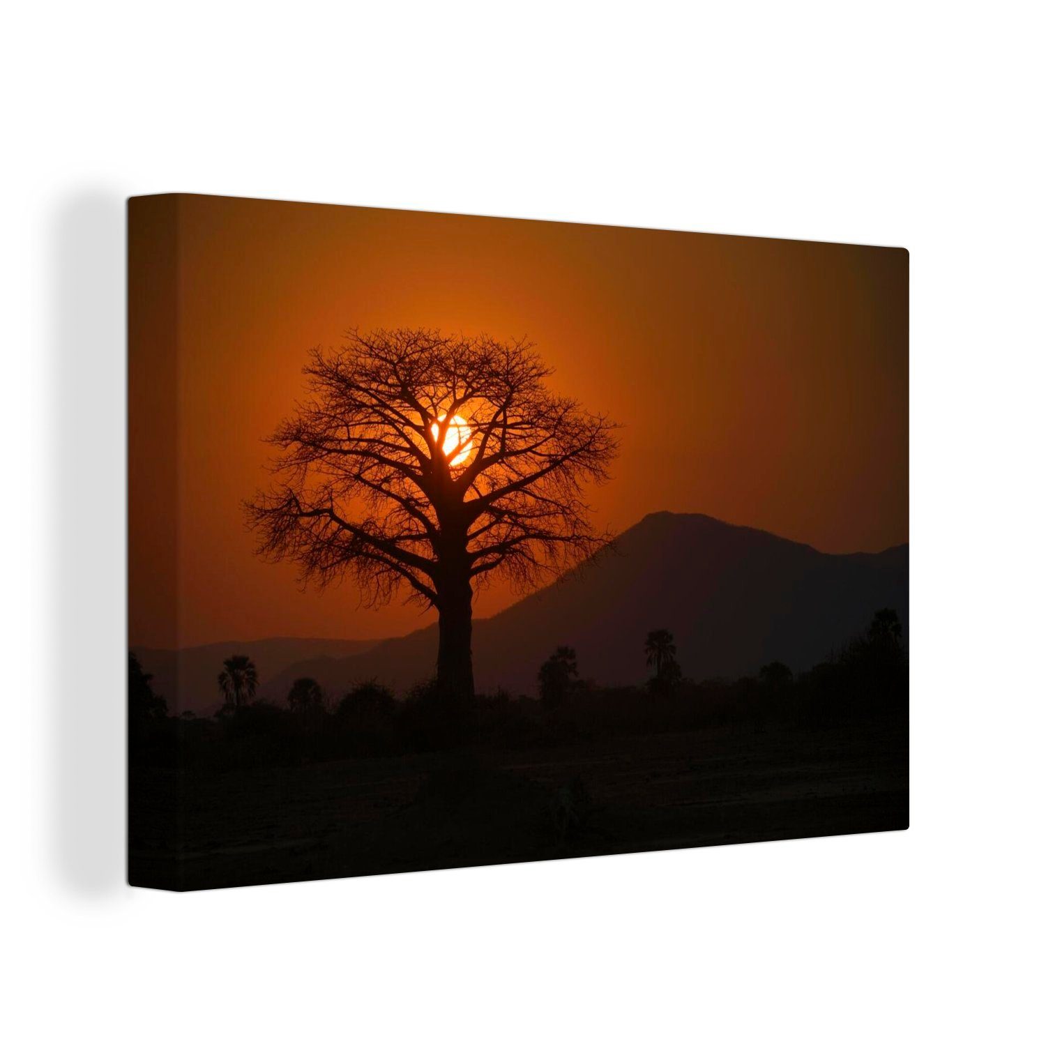 OneMillionCanvasses® Leinwandbild Oranger Sonnenuntergang hinter einem Baobab-Baum im Lower Zambezi, (1 St), Wandbild Leinwandbilder, Aufhängefertig, Wanddeko, 30x20 cm
