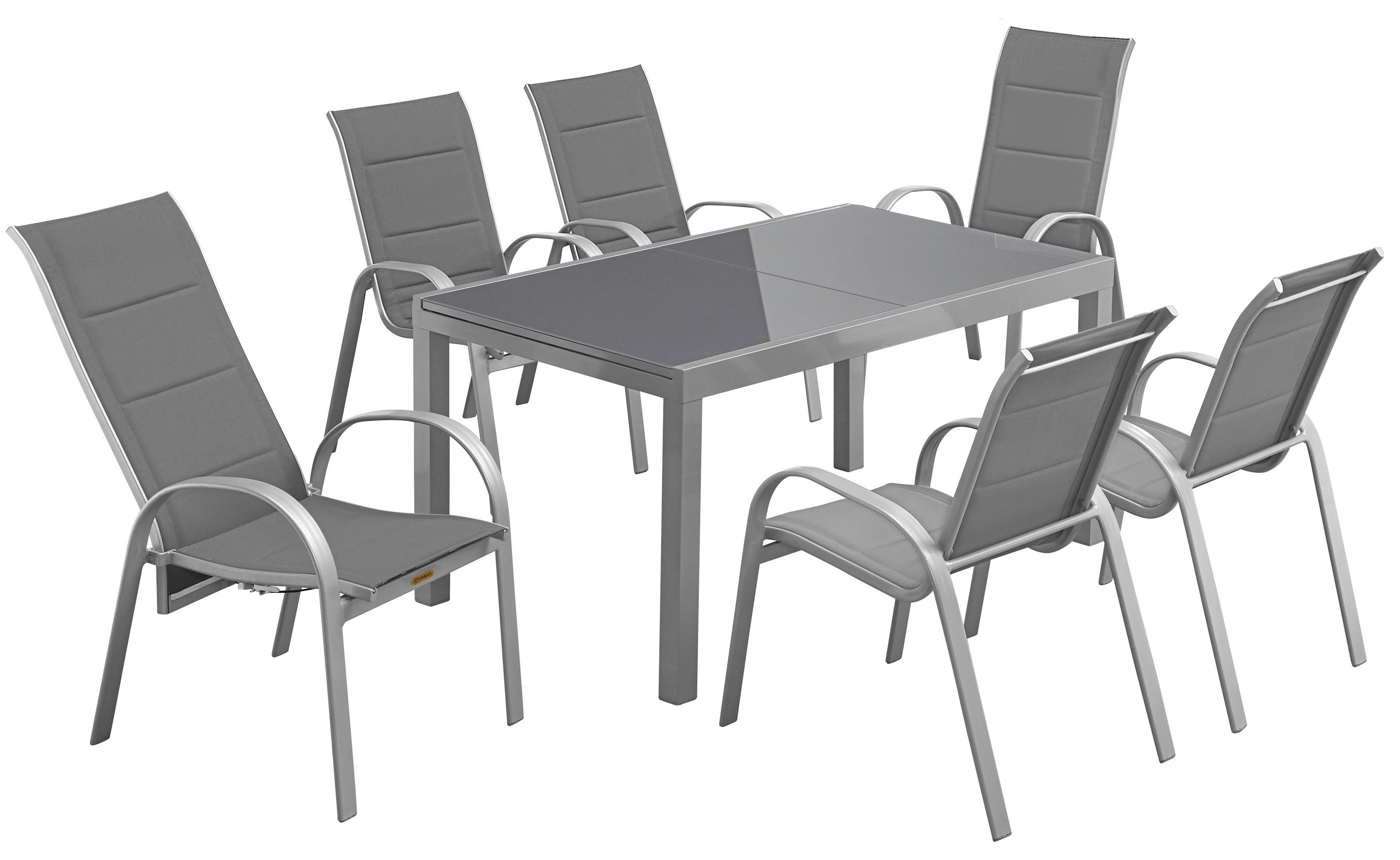 MERXX Garten-Essgruppe Amalfi Deluxe, (7-tlg., 6x Stapelsessel (2x verstellbar), 1x Ausziehtisch 150(220)x90 cm), pulverbeschichtetes Aluminium, aus 100% Polyester, für 6 Personen