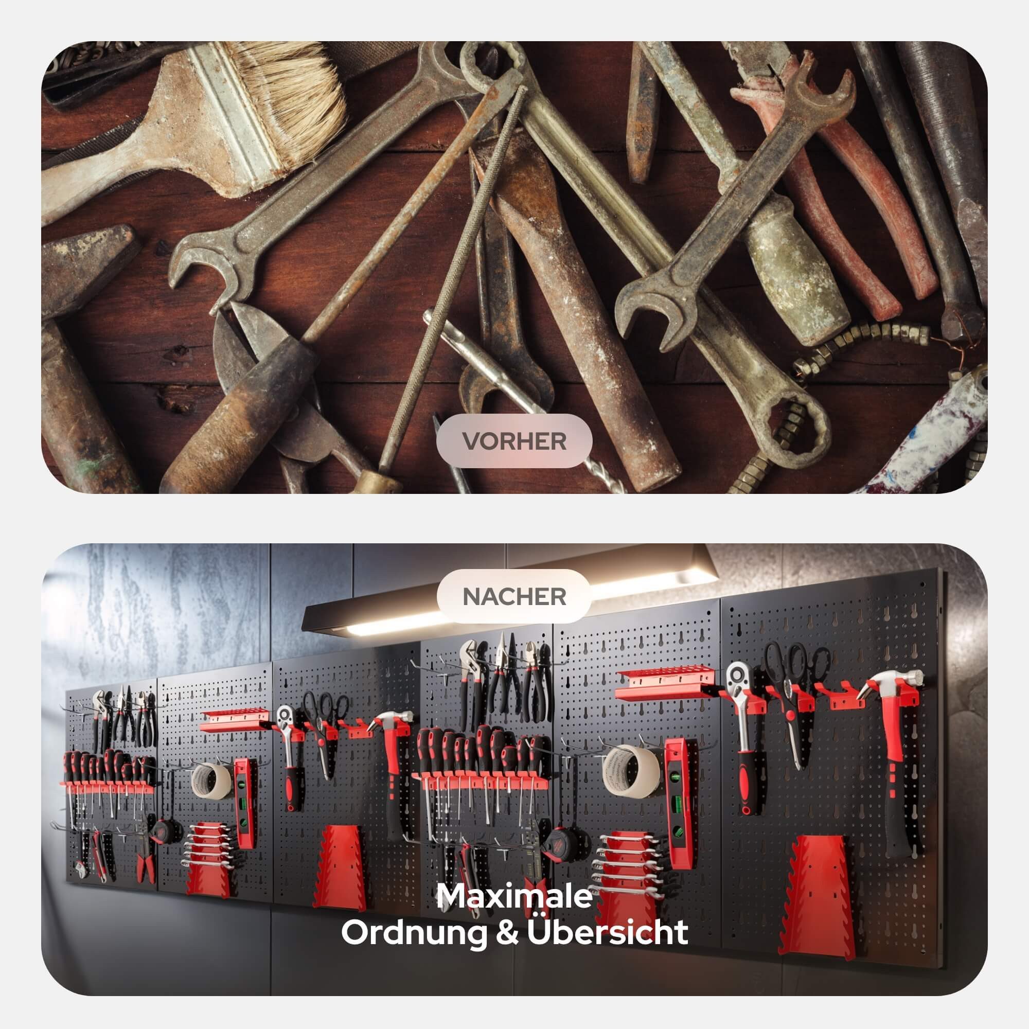 Arebos Lochwand Werkzeugwand dreiteilig, 34-teiliges Hakenset Rot / Blau, 6 Stk., (Set, 34-tlg) – Bild 4 von 5