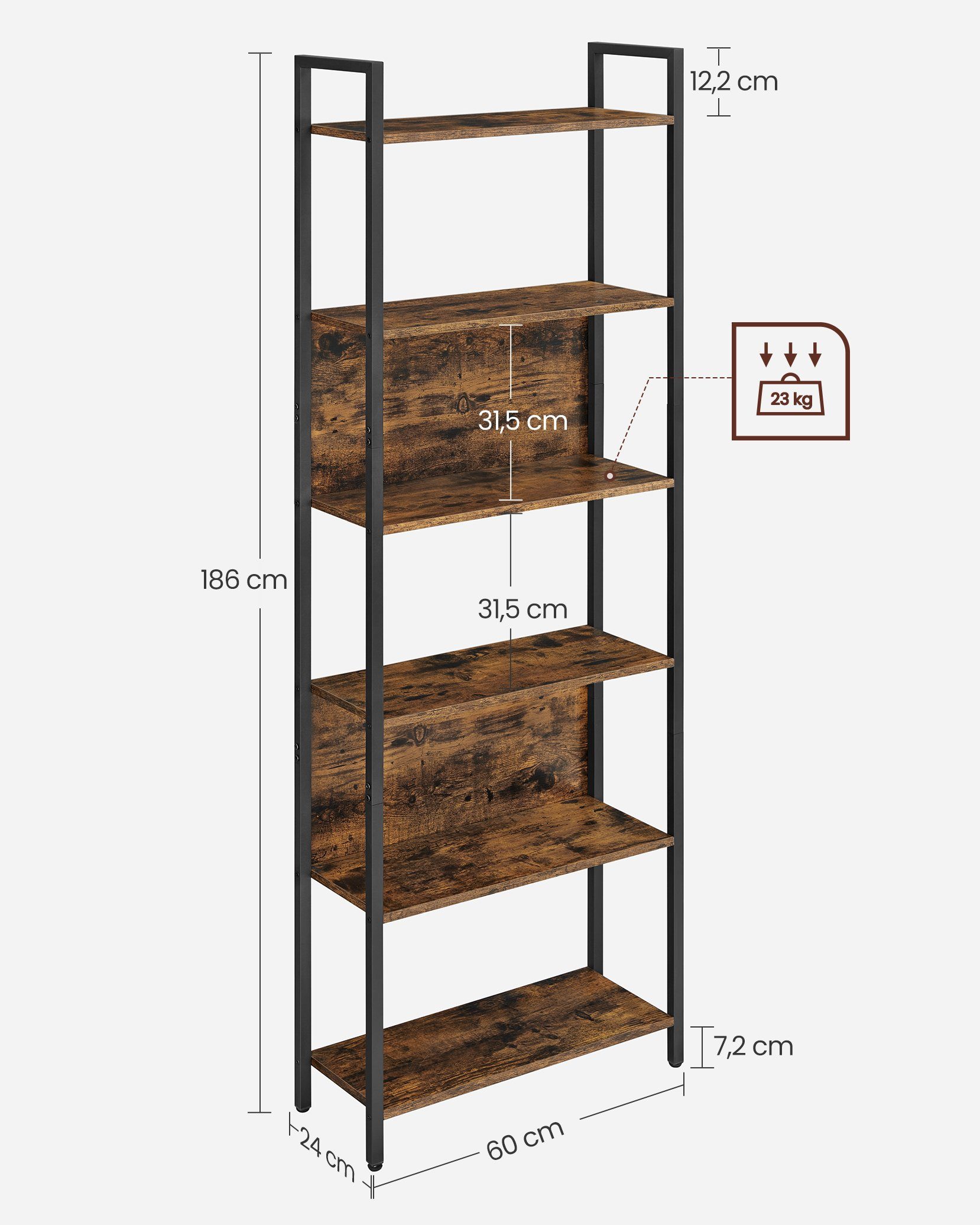 VASAGLE Bücherregal Küchenregal, Standregal, Flur, Küche, Büro, stabiles Stahlgestell, mit 6 offenen Regalebenen, Industrie-Design, 60 x 186 x 24 cm