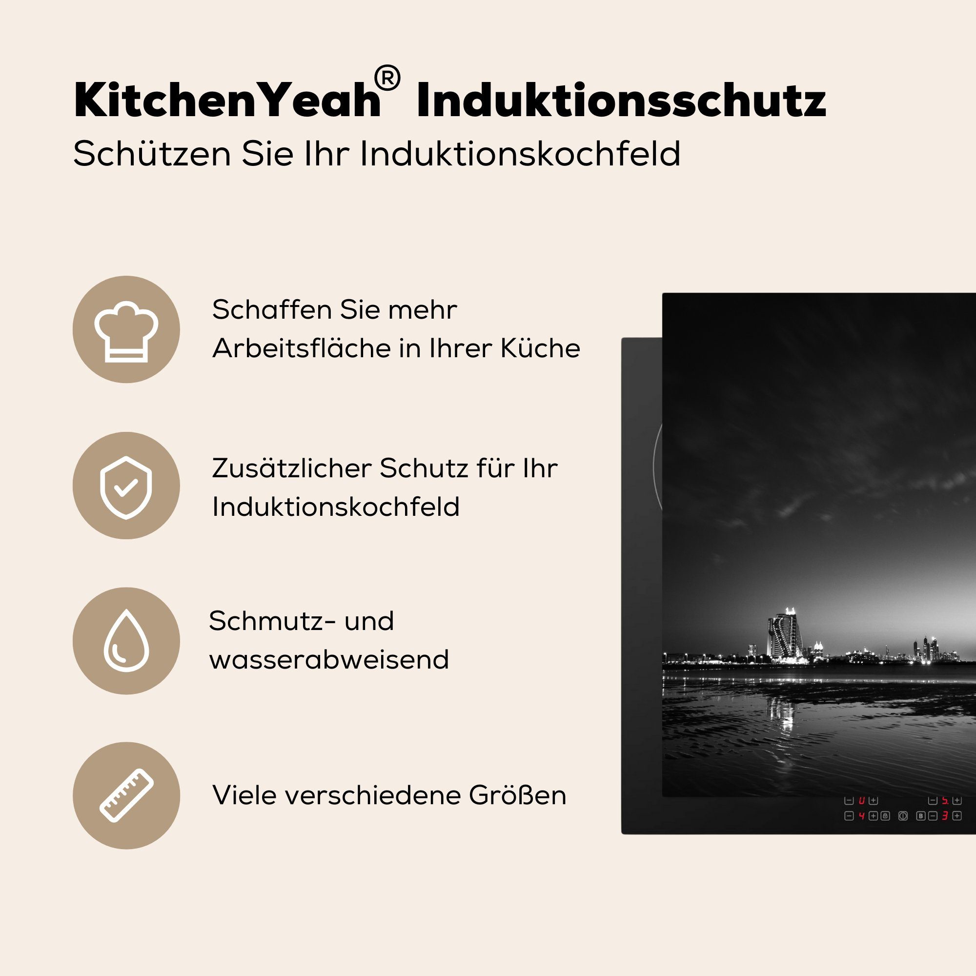 MuchoWow Herdblende-/Abdeckplatte cm, Schwarz (1 tlg), Dubai Weiß, Vinyl, küche Ceranfeldabdeckung, - - Arbeitsplatte für Hotel - 78x78