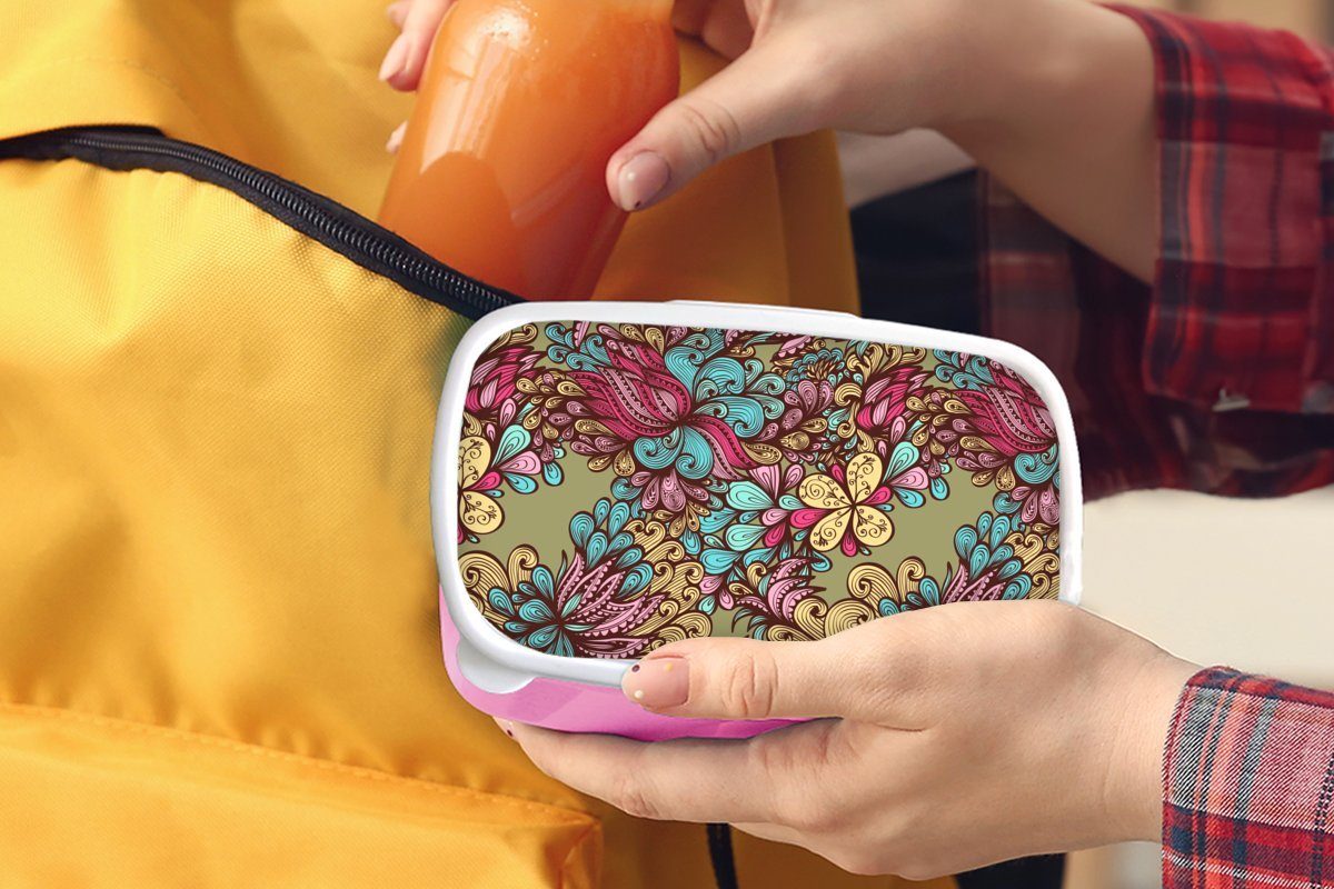 MuchoWow Lunchbox Muster Brotdose Mädchen, Kunststoff, Kinder, für Erwachsene, - - rosa Kunststoff Brotbox (2-tlg), Snackbox, Blätter Abstrakt