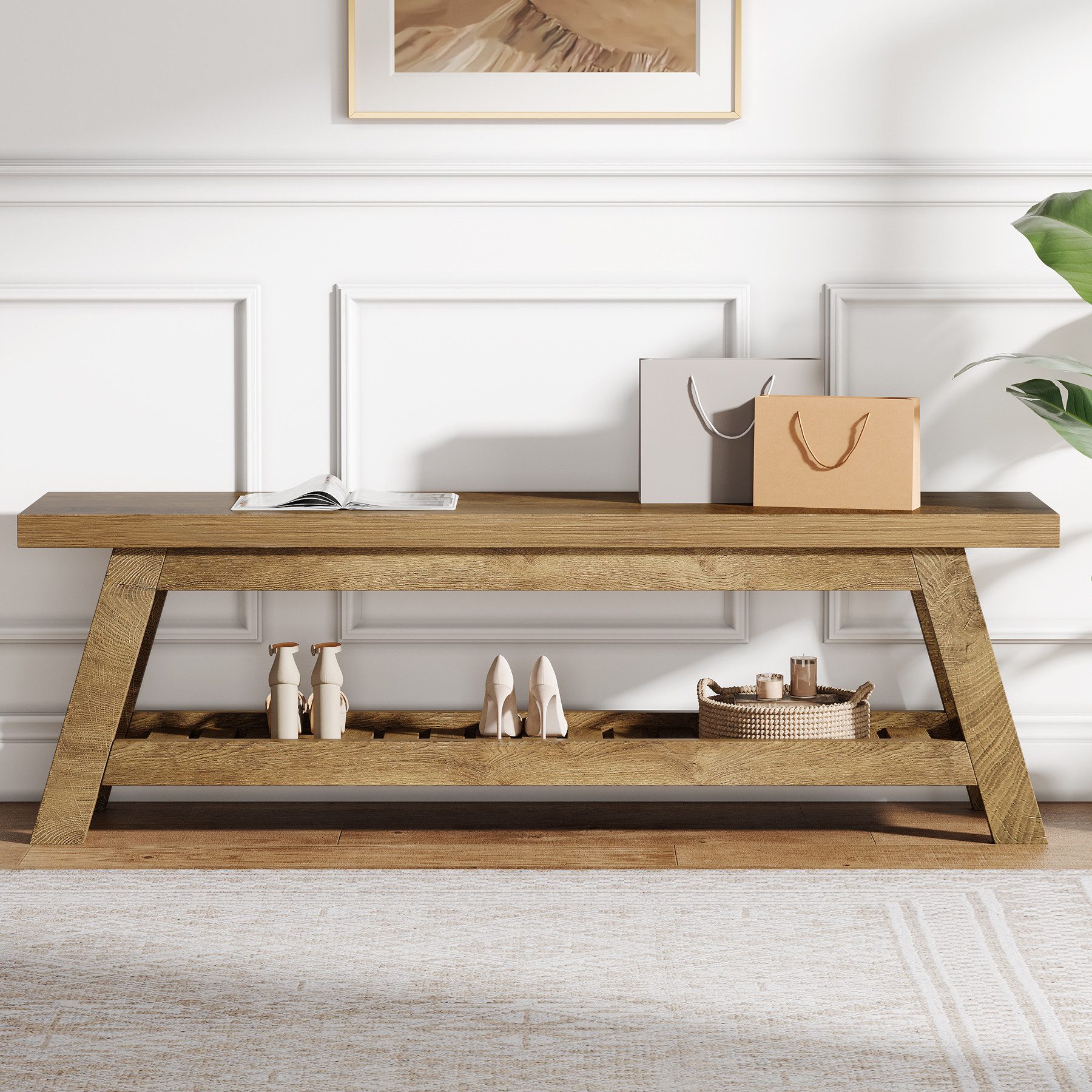 Tribesigns Schuhbank 140 cm Holz-Eingangsbank, 2-stöckige schmale Sitzbank für Flur, Foyer