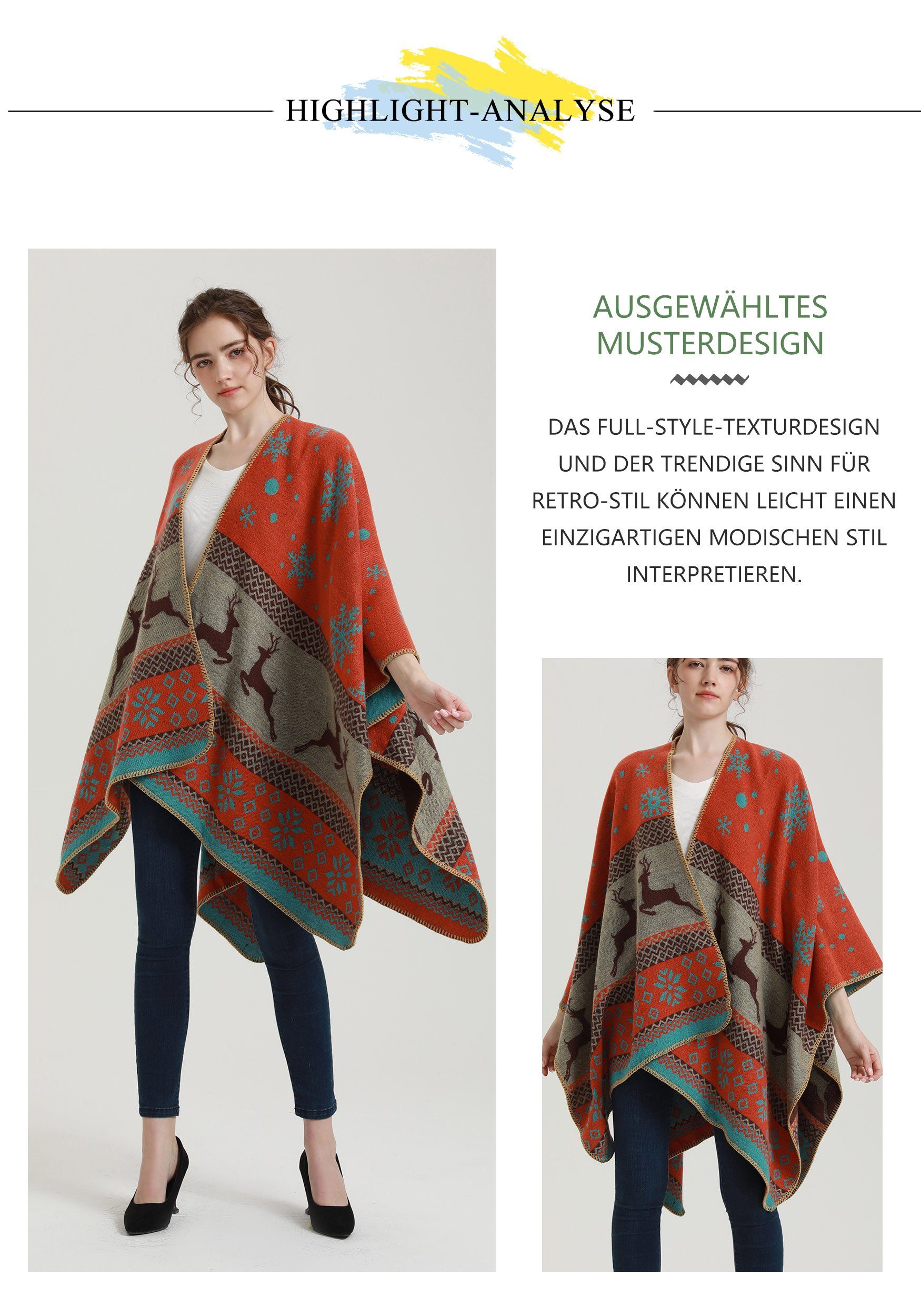 Modeschal Elch-Muster und Schneeflocke Orange MAGICSHE XXL-Schal