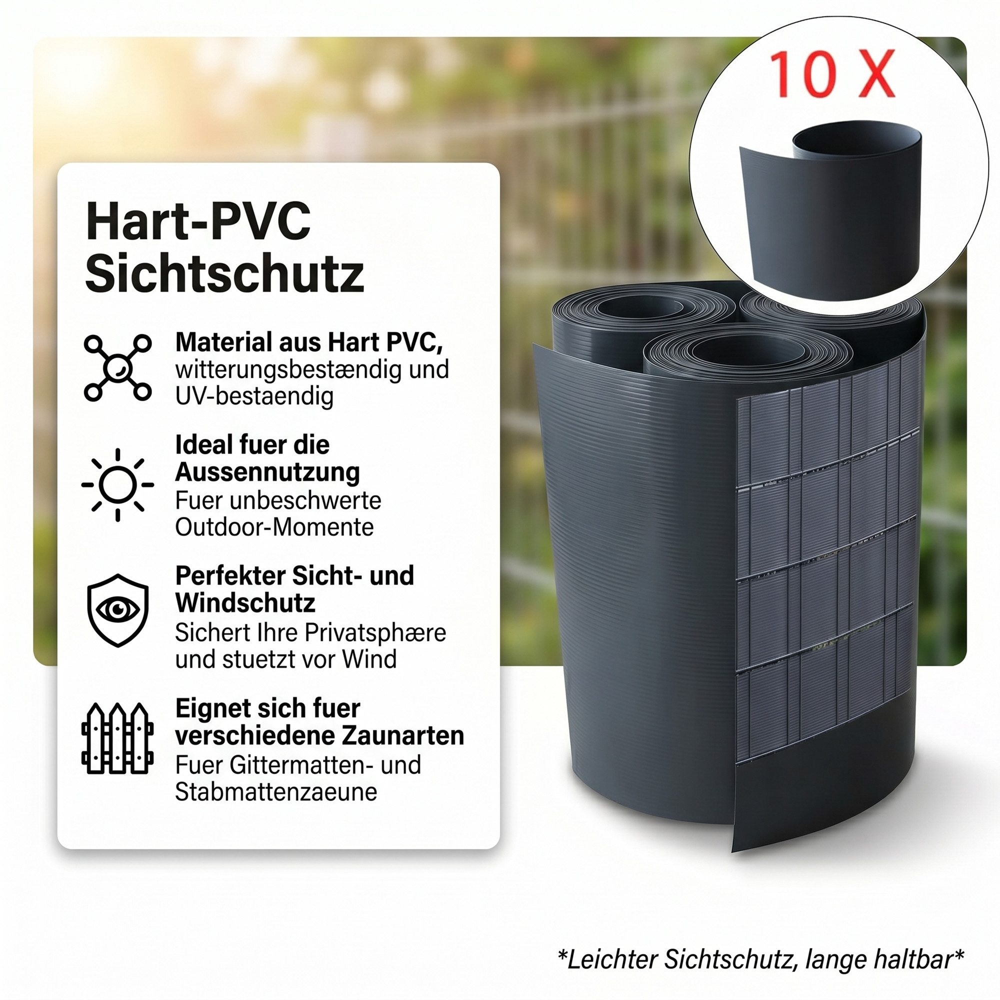 Mucola Sichtschutzstreifen Sichtschutz 10X PVC Sichtschutzstreifen Zaunfolie Windschutz Garten, (10er Set, Sichtschutzstreifen), Hart PVC