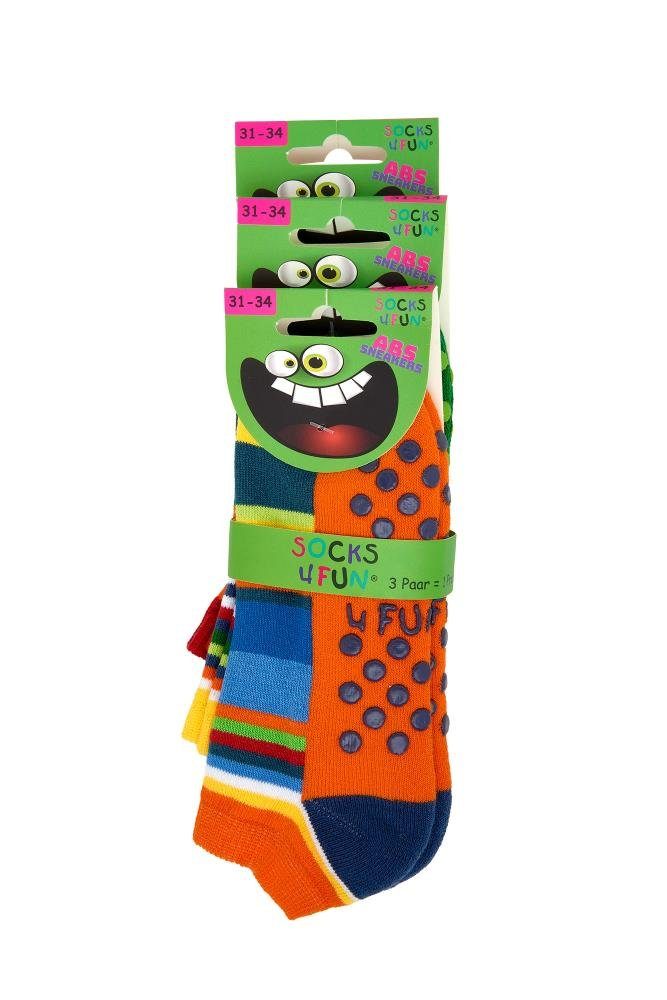 FussFreunde ABS-Socken 3 Paar kurze Kinder Stoppersocken, Sneakersocken Gute Laune Ringel (Set, 3 Paar) mit ABS-Druck und Polstersohle