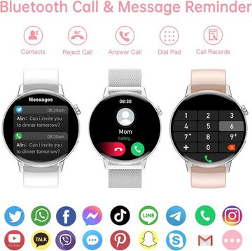 Erkwei Smartwatch Damen mit Bluetooth Anrufe Touchscreen Damenuhr Smartwatch (1,32 Zoll, Android iOS), Fitnessuhr mit Schrittzähler Herzfrequenzmonitor Schlafmonitor SpO2