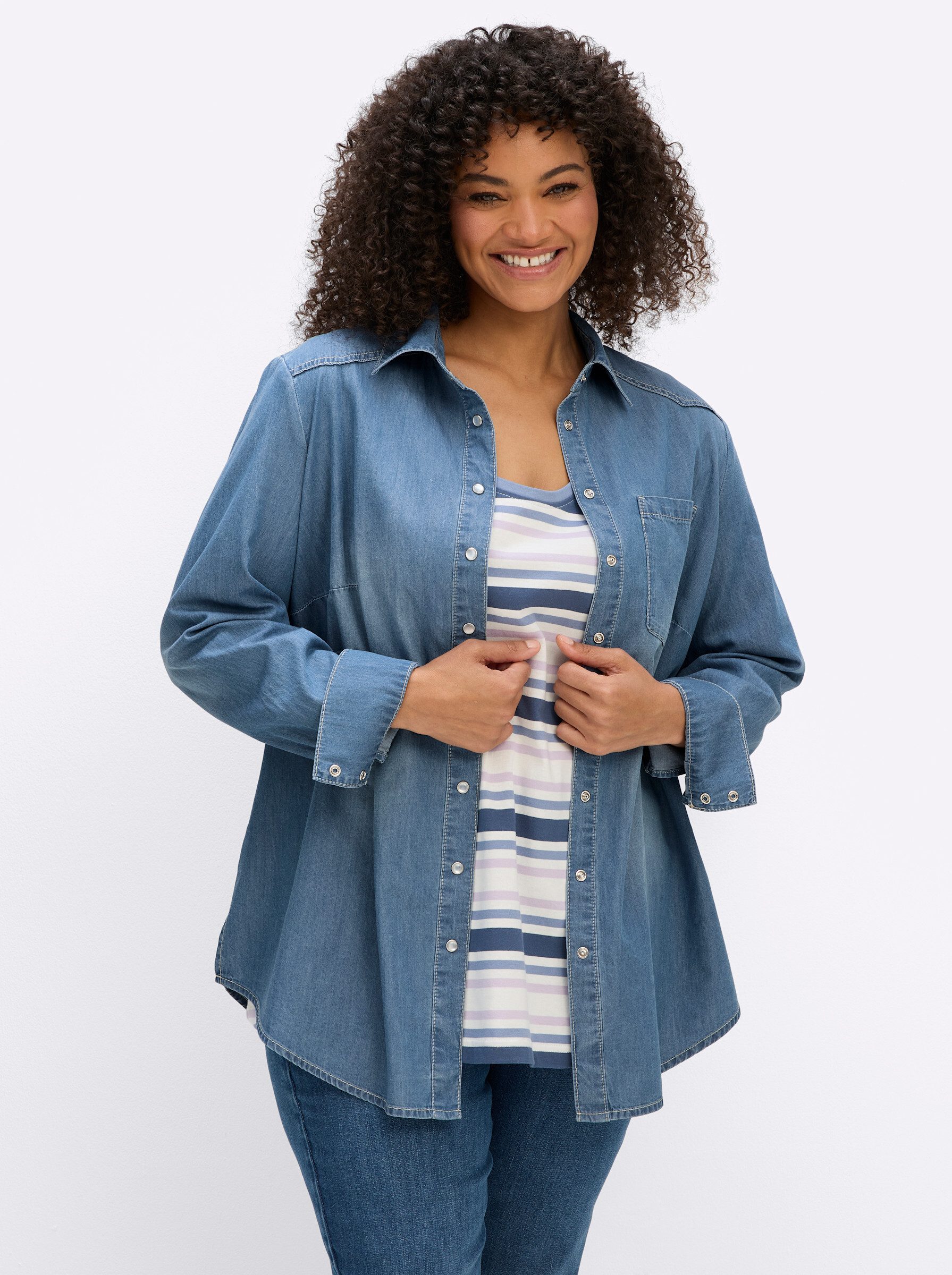 Sheego Klassische Bluse Jeansbluse Langarm