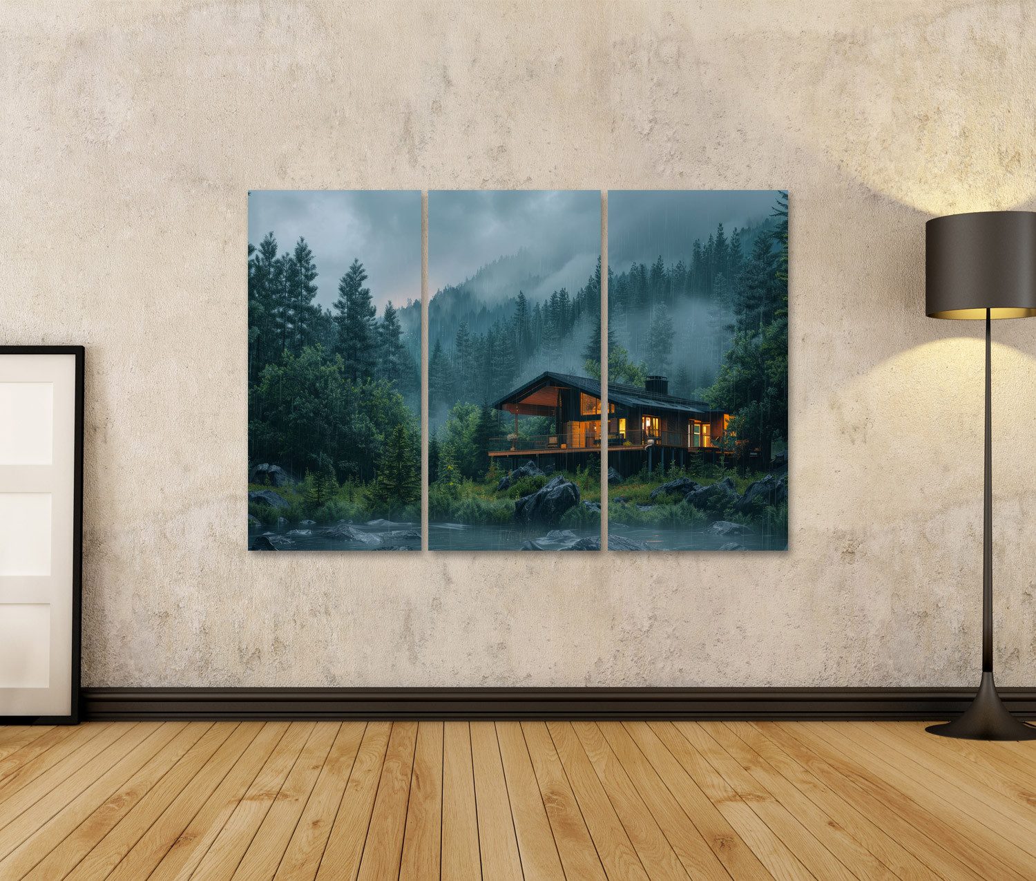 islandburner Leinwandbild, Modernes Haus im regnerischen Wald günstig online kaufen