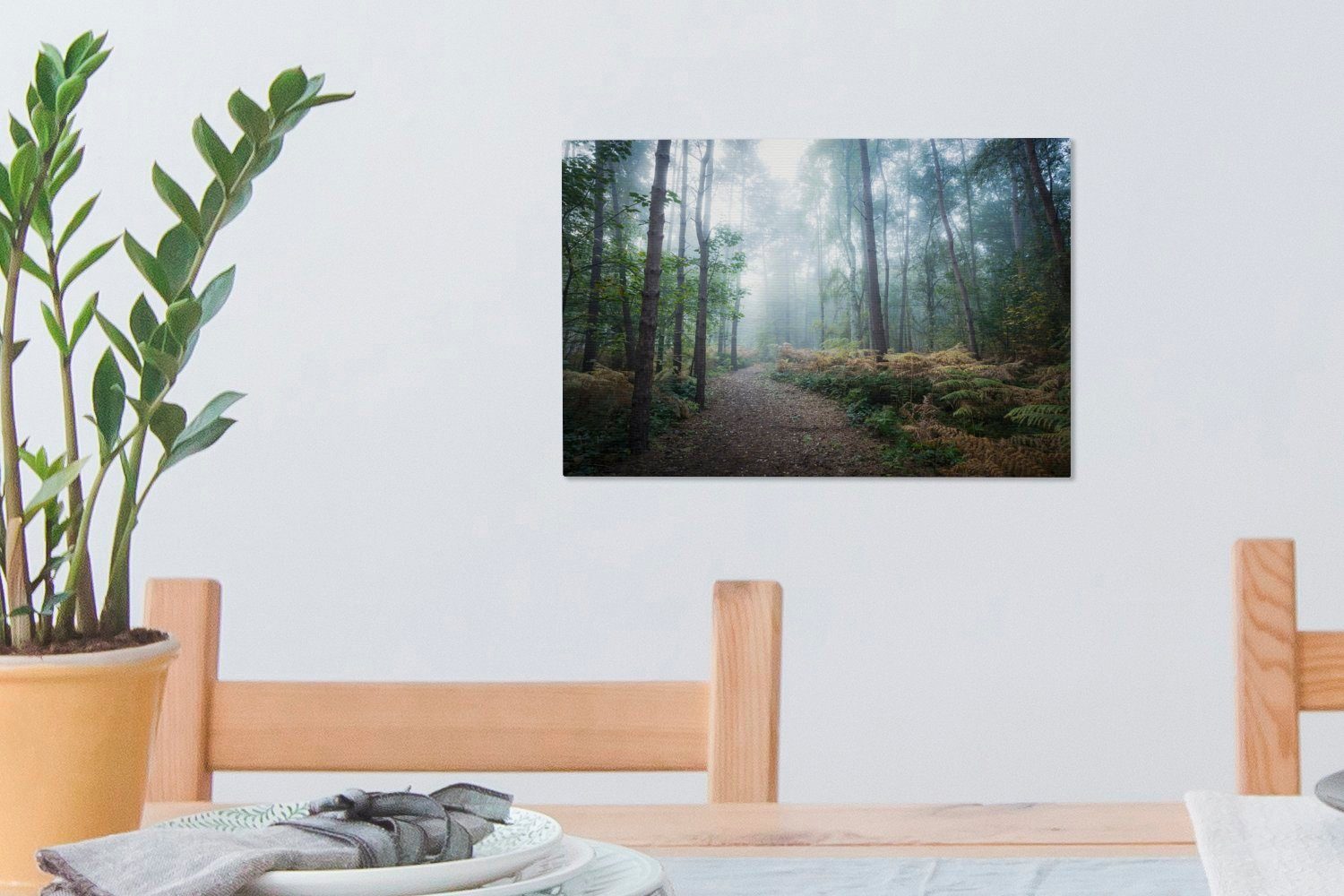 OneMillionCanvasses® Leinwandbild (1 cm Wandbild - - St), Nebel Aufhängefertig, 30x20 Leinwandbilder, Weg, Wanddeko, Wald