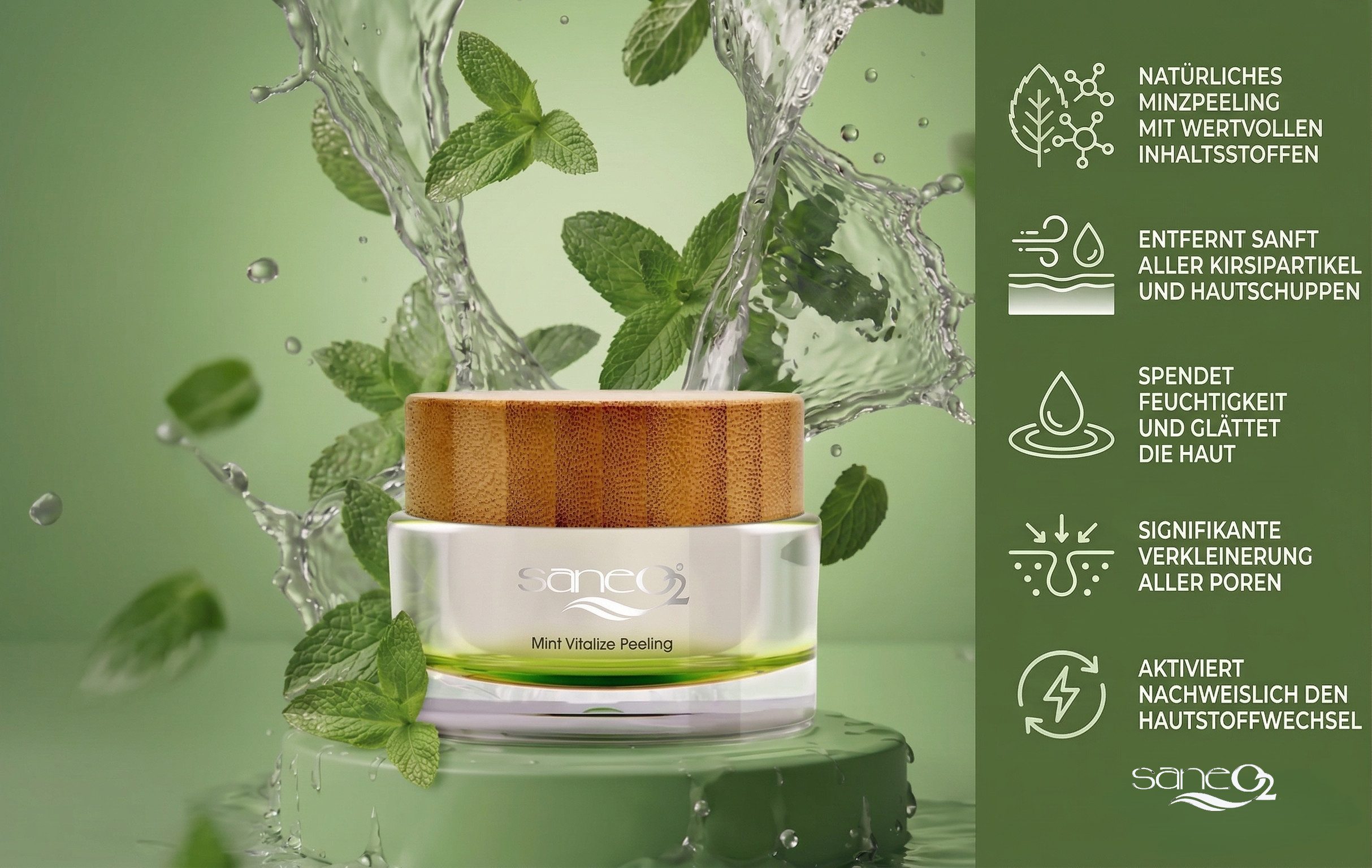 GW Nature Cosmetic Gesichtspeeling SaneO2® Mint Vitalize Peeling 50 ml - Minzpeeling, Kühlendes Minzpeeling mit feinem Seesand