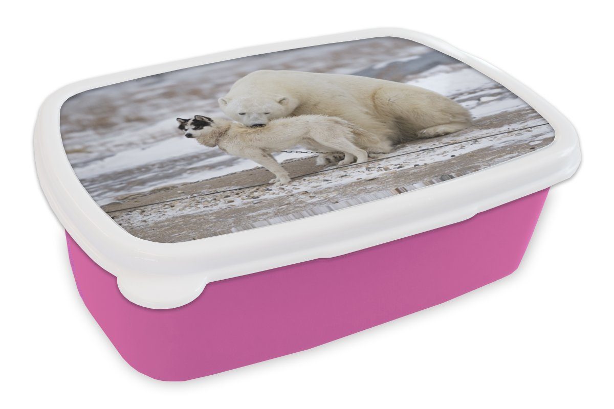 MuchoWow Lunchbox Hund - Eisbär - Freundschaft, Kunststoff, (2-tlg), Brotbox für Erwachsene, Brotdose Kinder, Snackbox, Mädchen, Kunststoff rosa