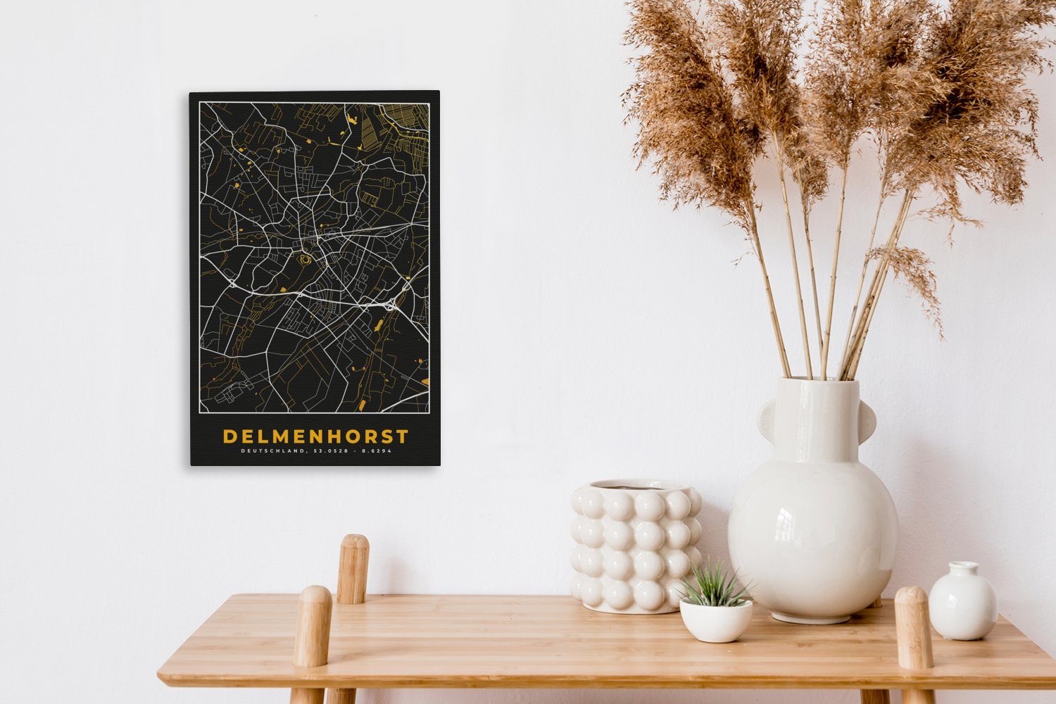 Deutschland, Leinwandbild Zackenaufhänger, OneMillionCanvasses® - Delmenhorst bespannt Karte cm (1 fertig Gemälde, - Gold - inkl. St), 20x30 Leinwandbild Stadtplan -
